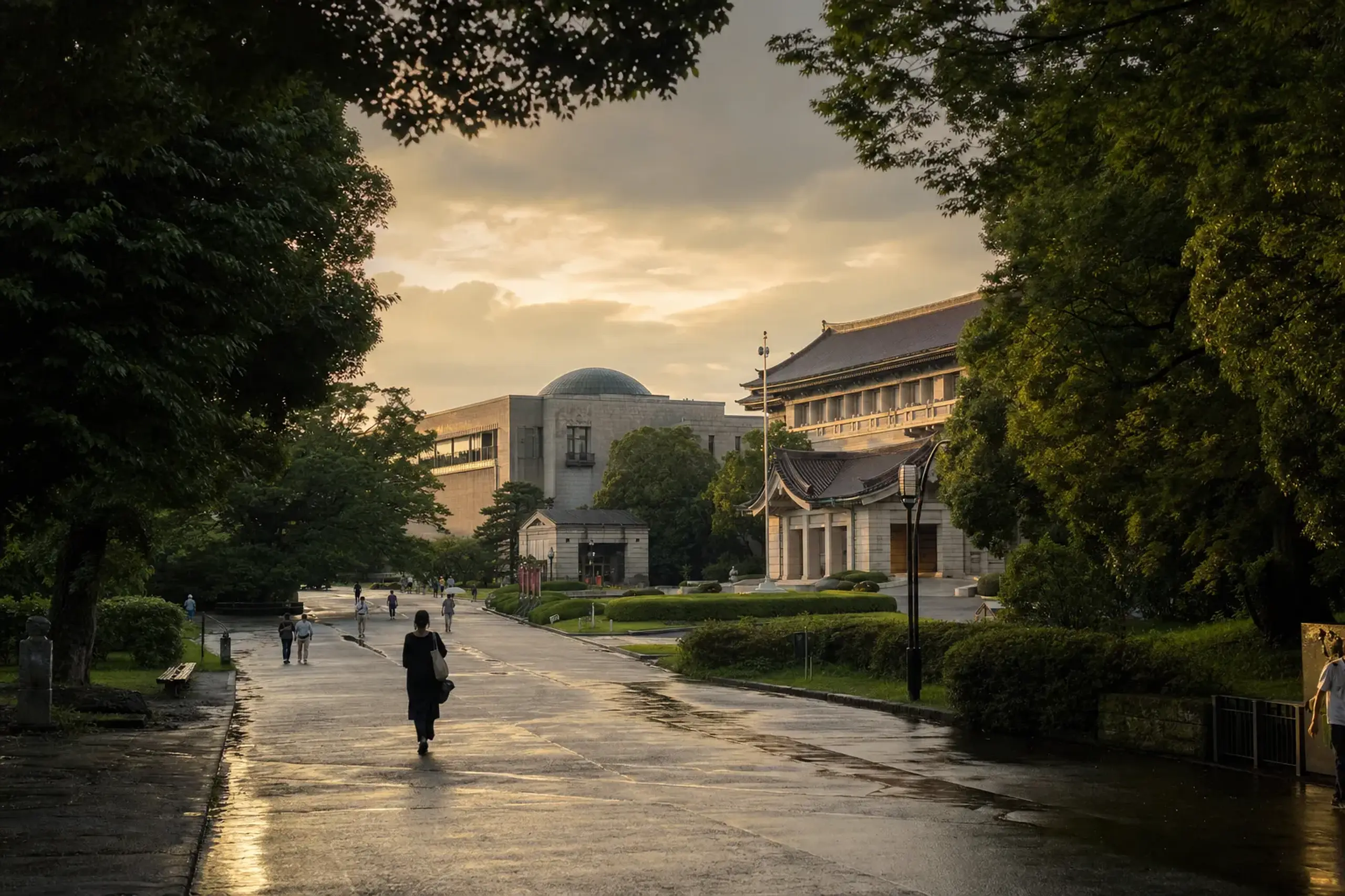 The cluster of major museum buildings along the tree-lined pathways of Ueno Park