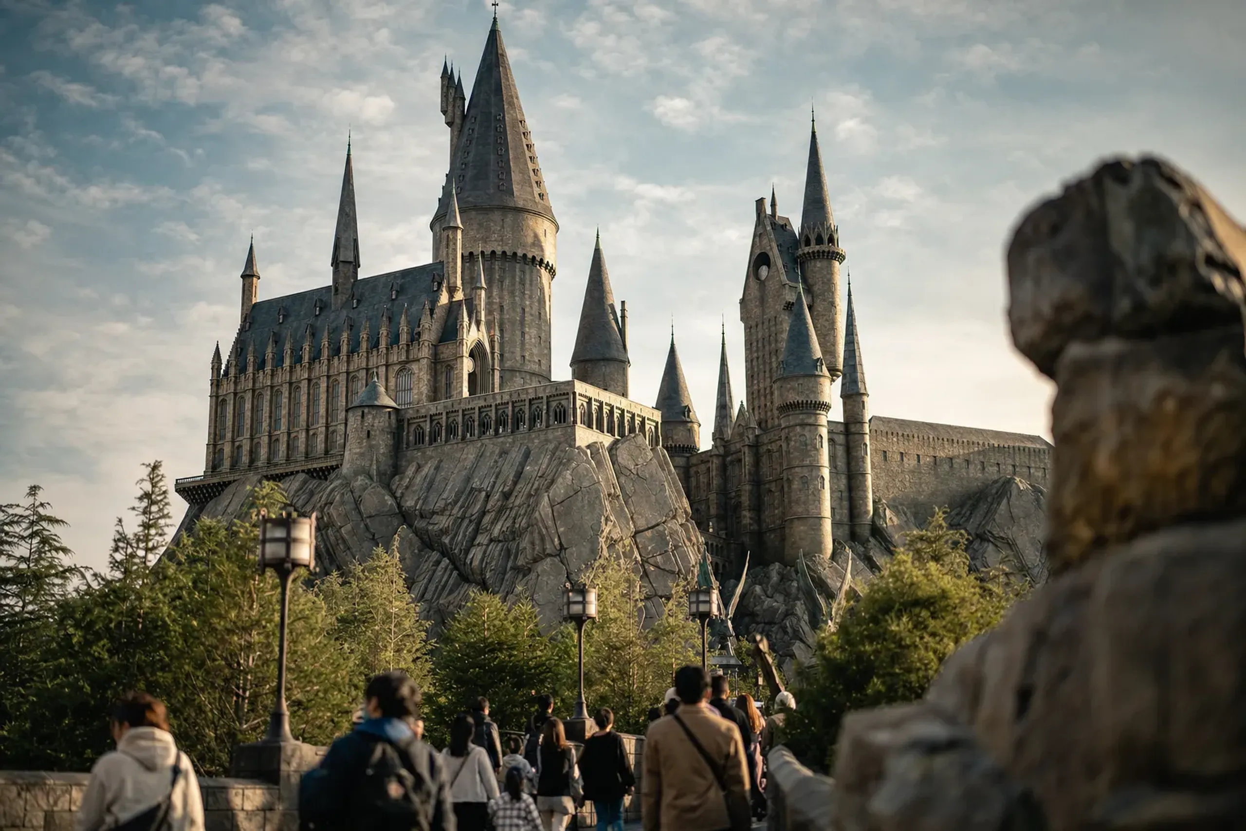 The soaring towers of Hogwarts Castle at the Wizarding World of Harry Potter in Universal Studios Japan during the Castle Walk hours