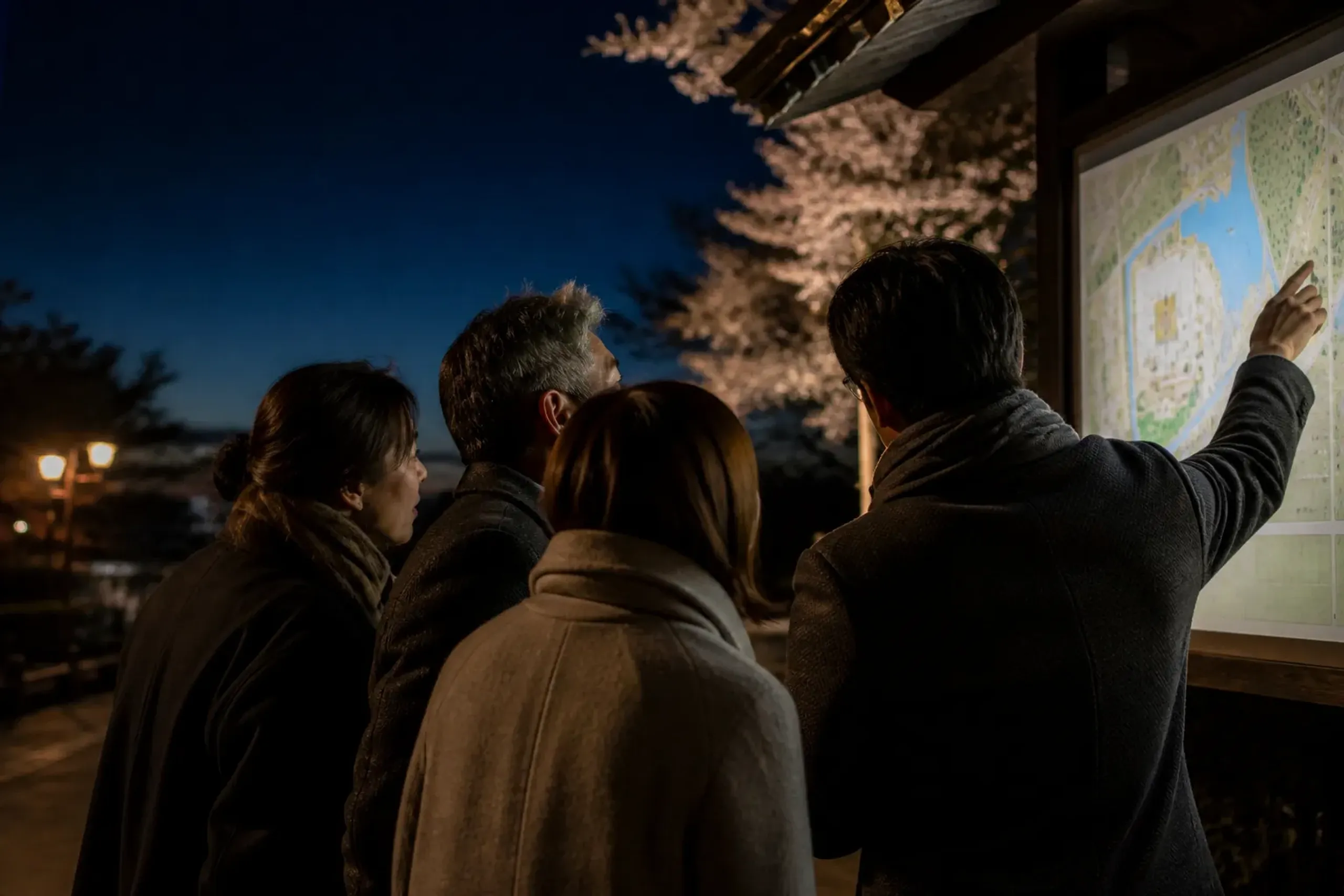 A private guide briefing guests beside a park map at night