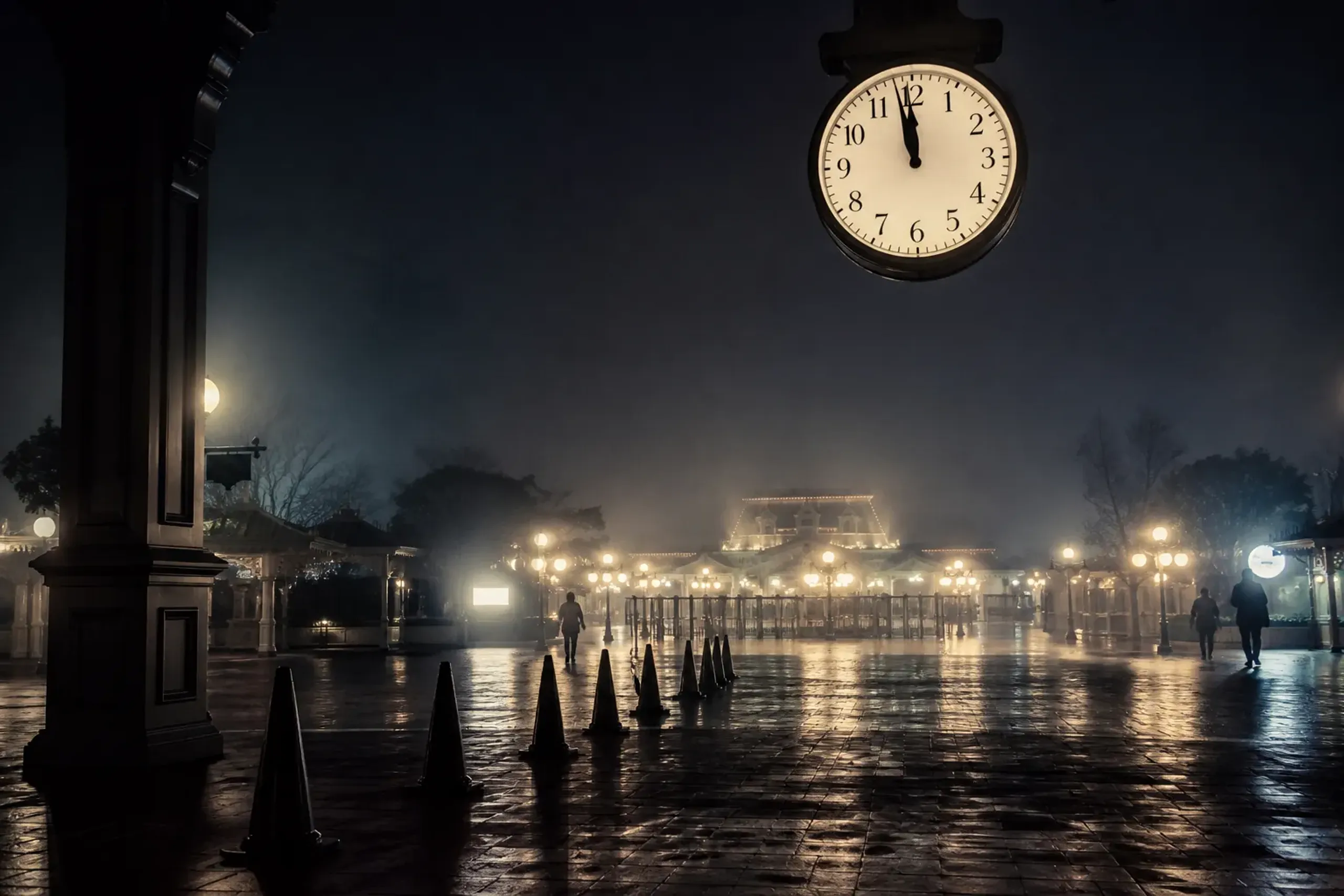 Theme park entrance area at very late night with lights and a visible clock