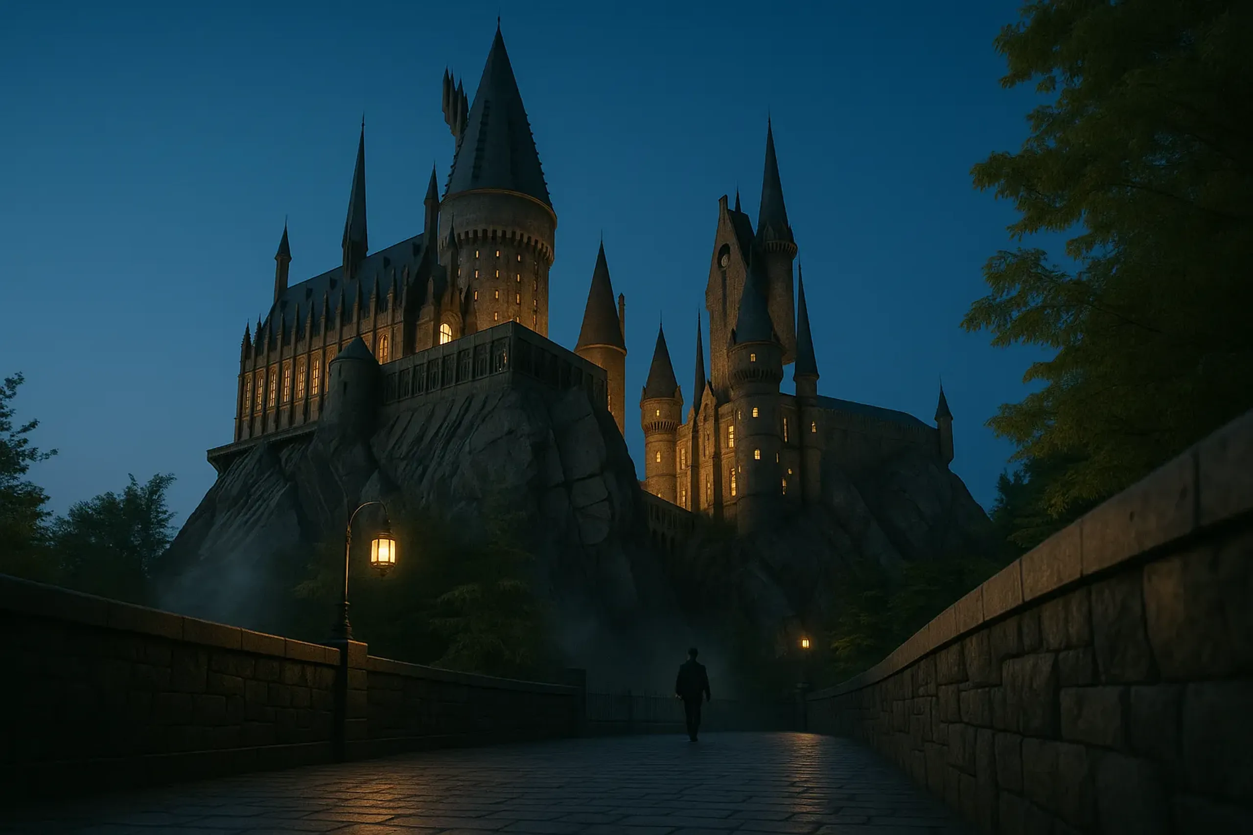 The illuminated Hogwarts Castle Walk facade at Universal Studios Japan glowing against the autumn night sky, a calm non-horror pressure-valve zone away from the crowds