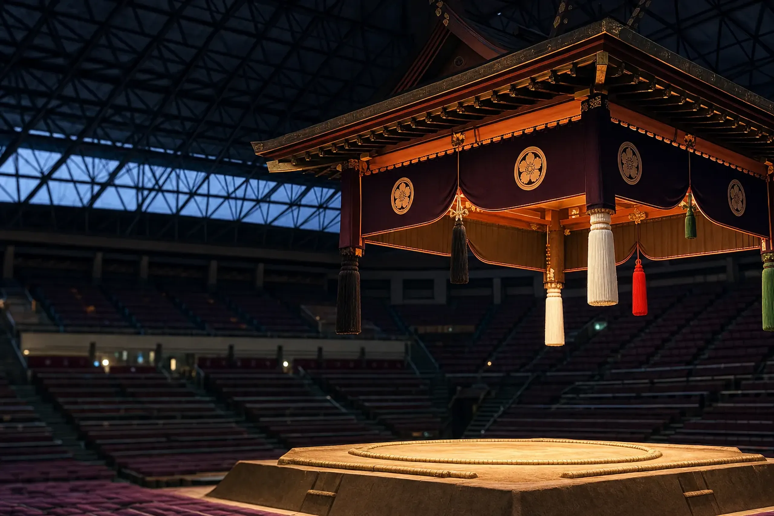 The suspended roof canopy and hanging tassels above the dohyo ring inside the Ryogoku Kokugikan