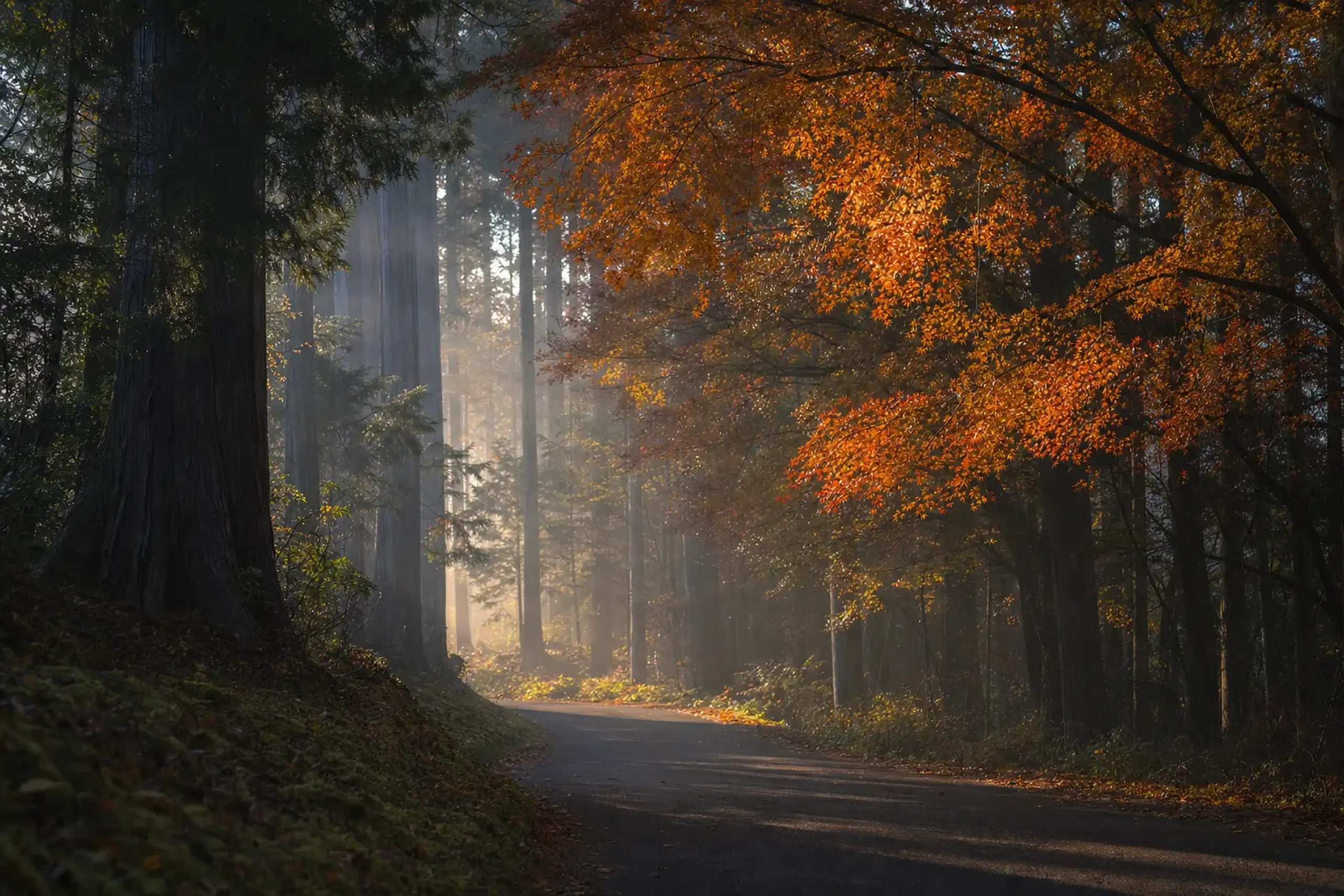 an unmarked mountain road winding through cedar forest toward a remote wagyu cattle farm in a rural Japanese valley