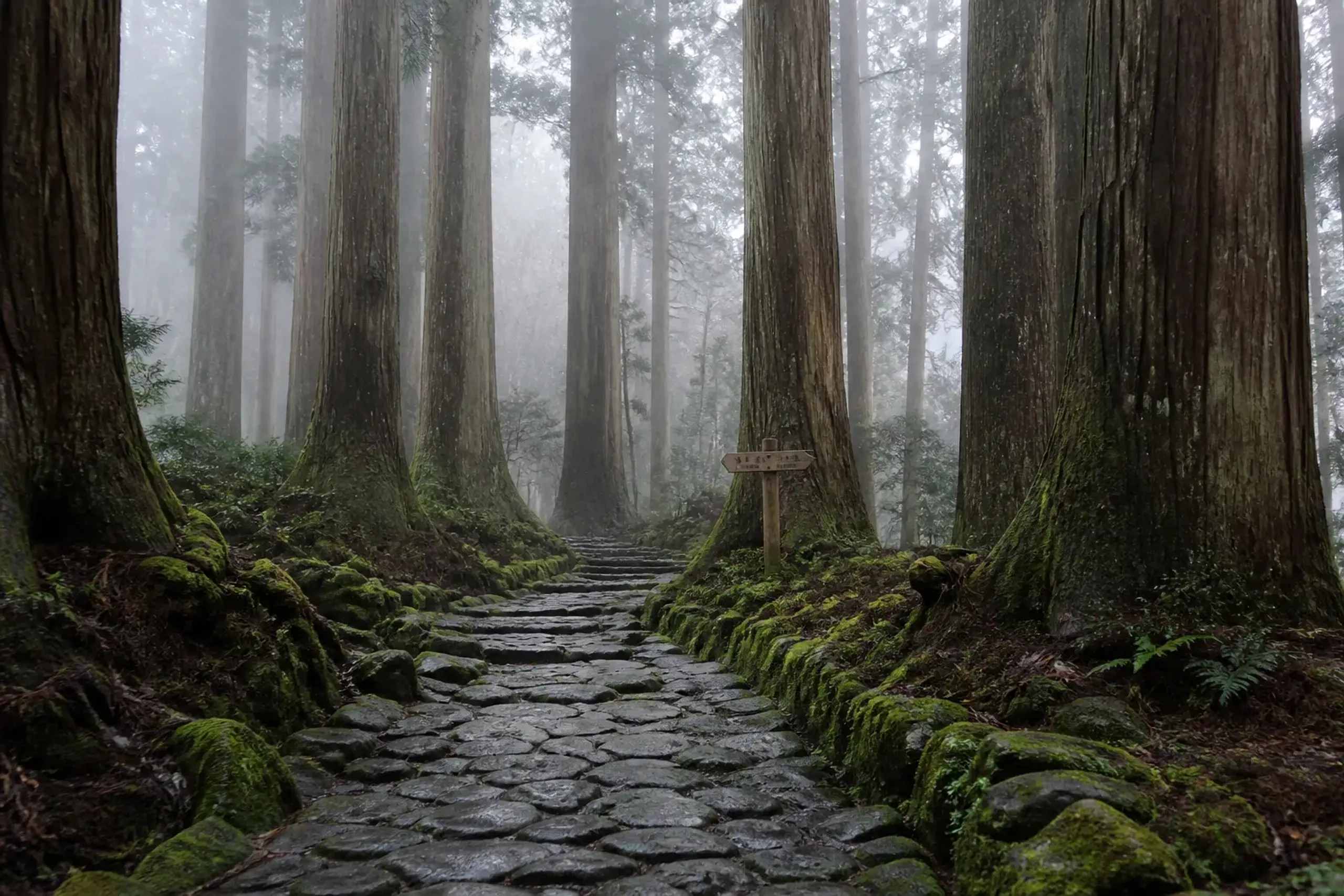 Stone-paved Kumano Kodo trail through cedar forest on the Kii Peninsula