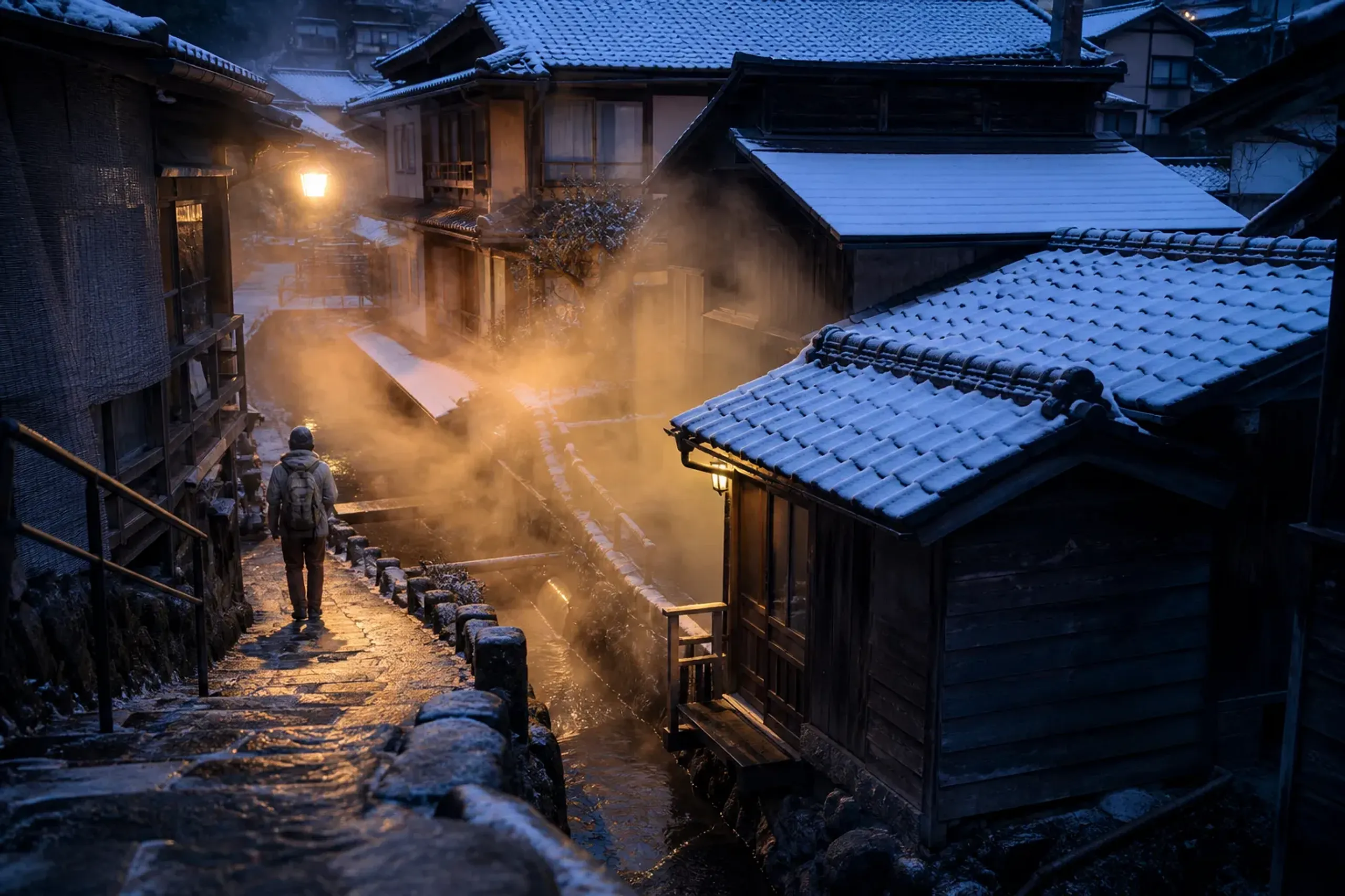 Tsuboyu bath hut and steaming street in Yunomine Onsen, Wakayama