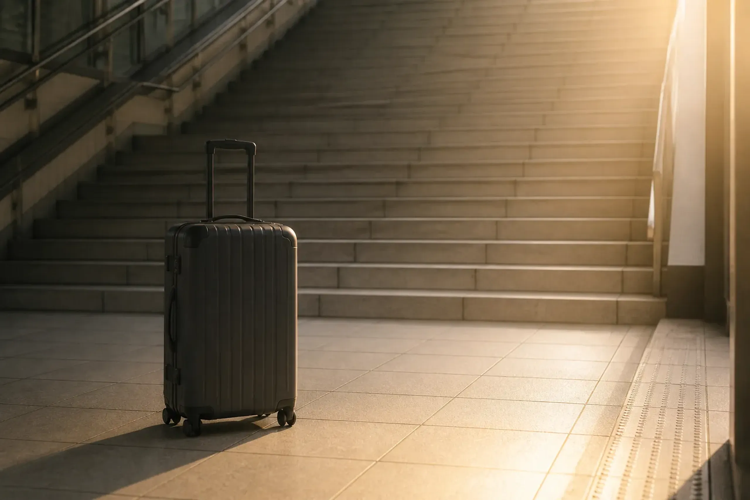 A hard-shell suitcase at the foot of a Japanese train station staircase, chosen to survive handling and forwarding