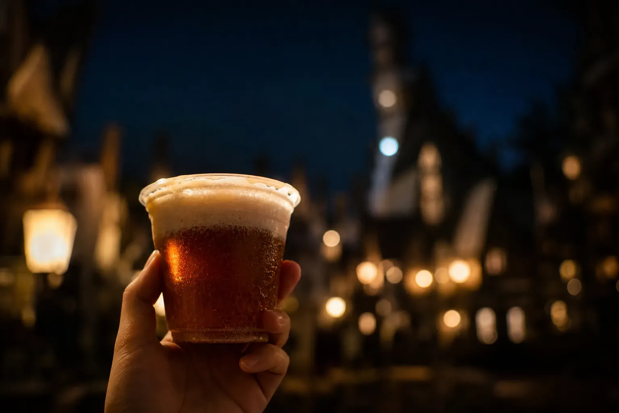 Hand holding a butterbeer-style drink with Hogsmeade lights blurred in the background at night