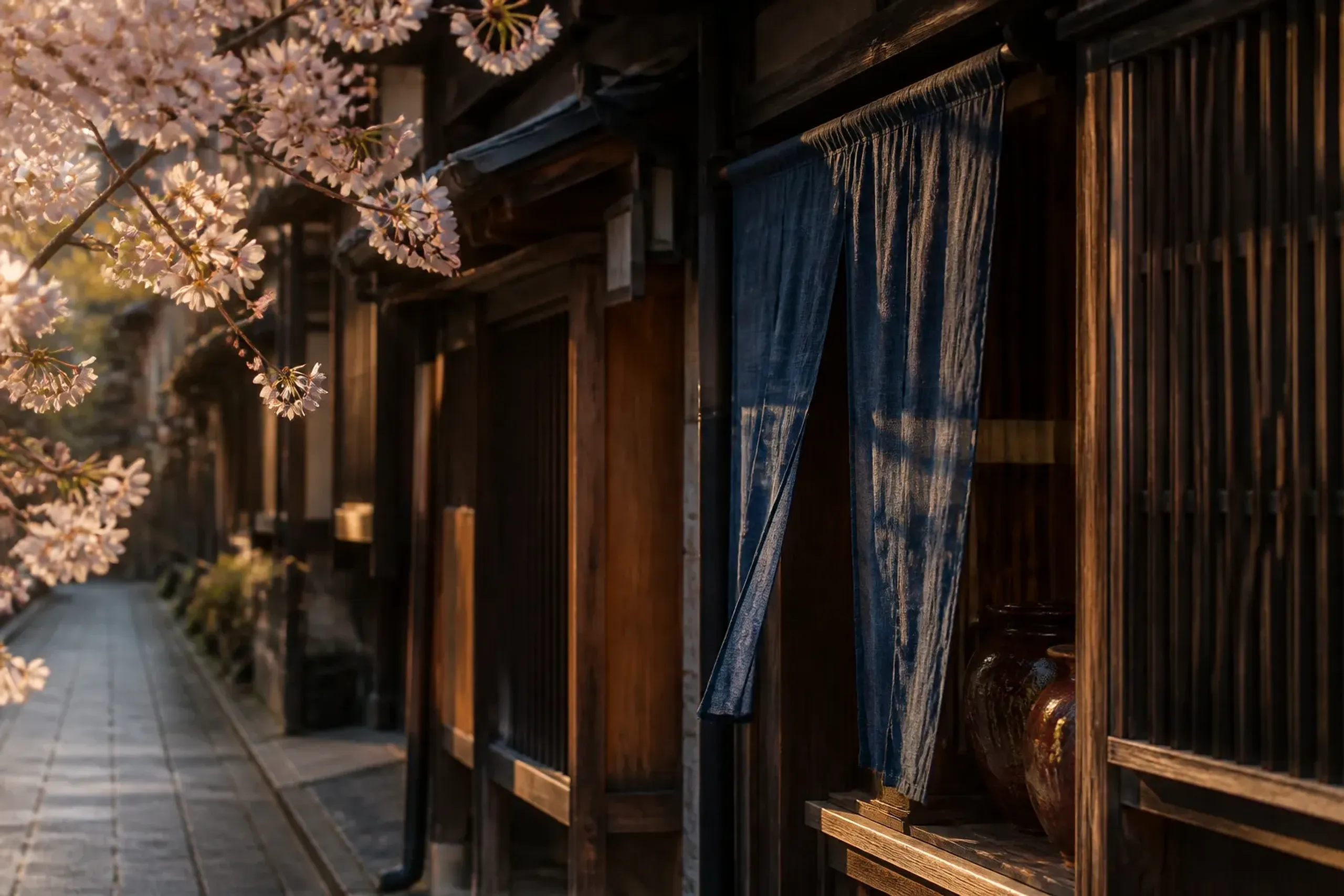Quiet traditional antique shop street near Gion in Kyoto with wooden shopfronts