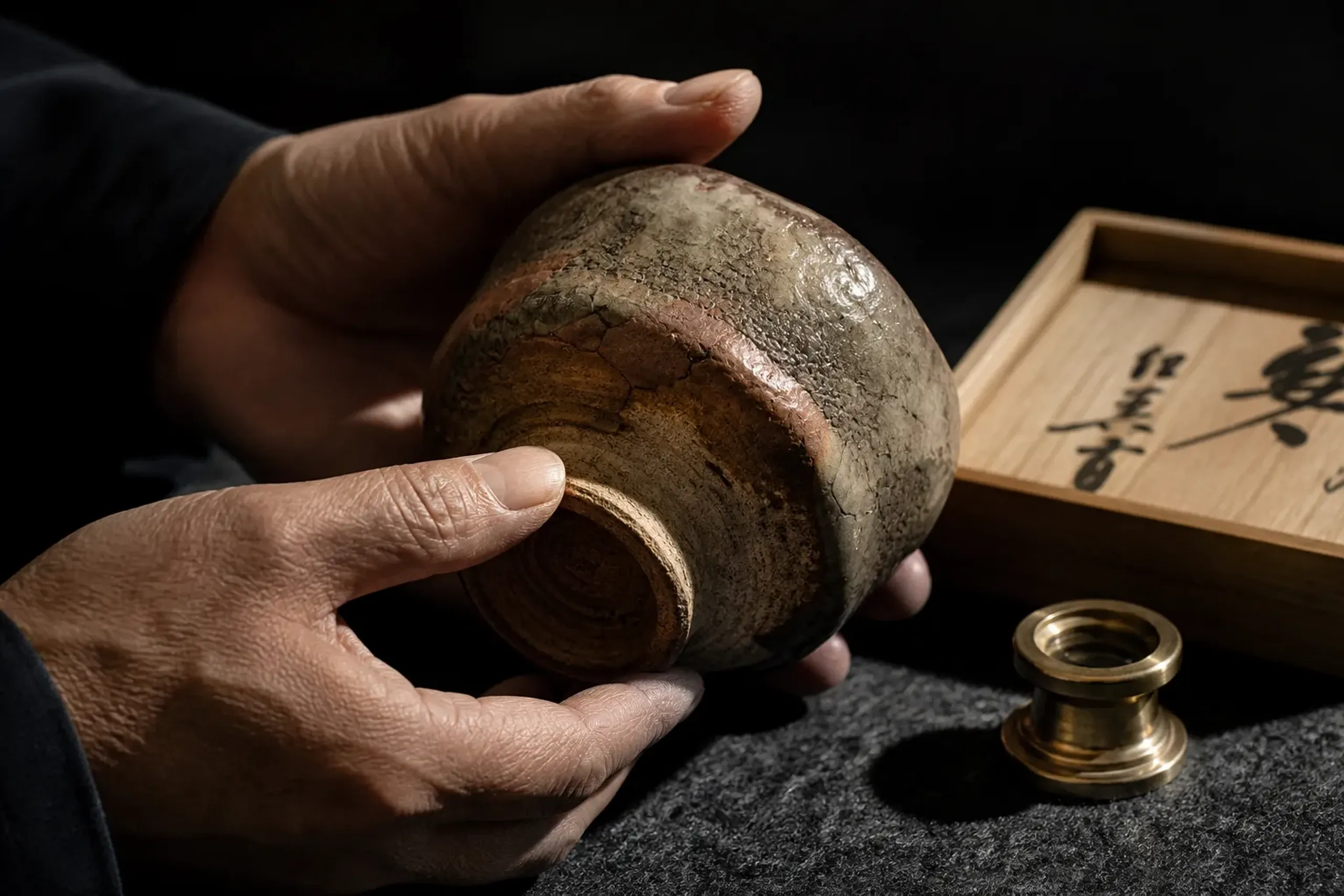 Hands inspecting an antique Japanese tea bowl beside its wooden storage box under focused light