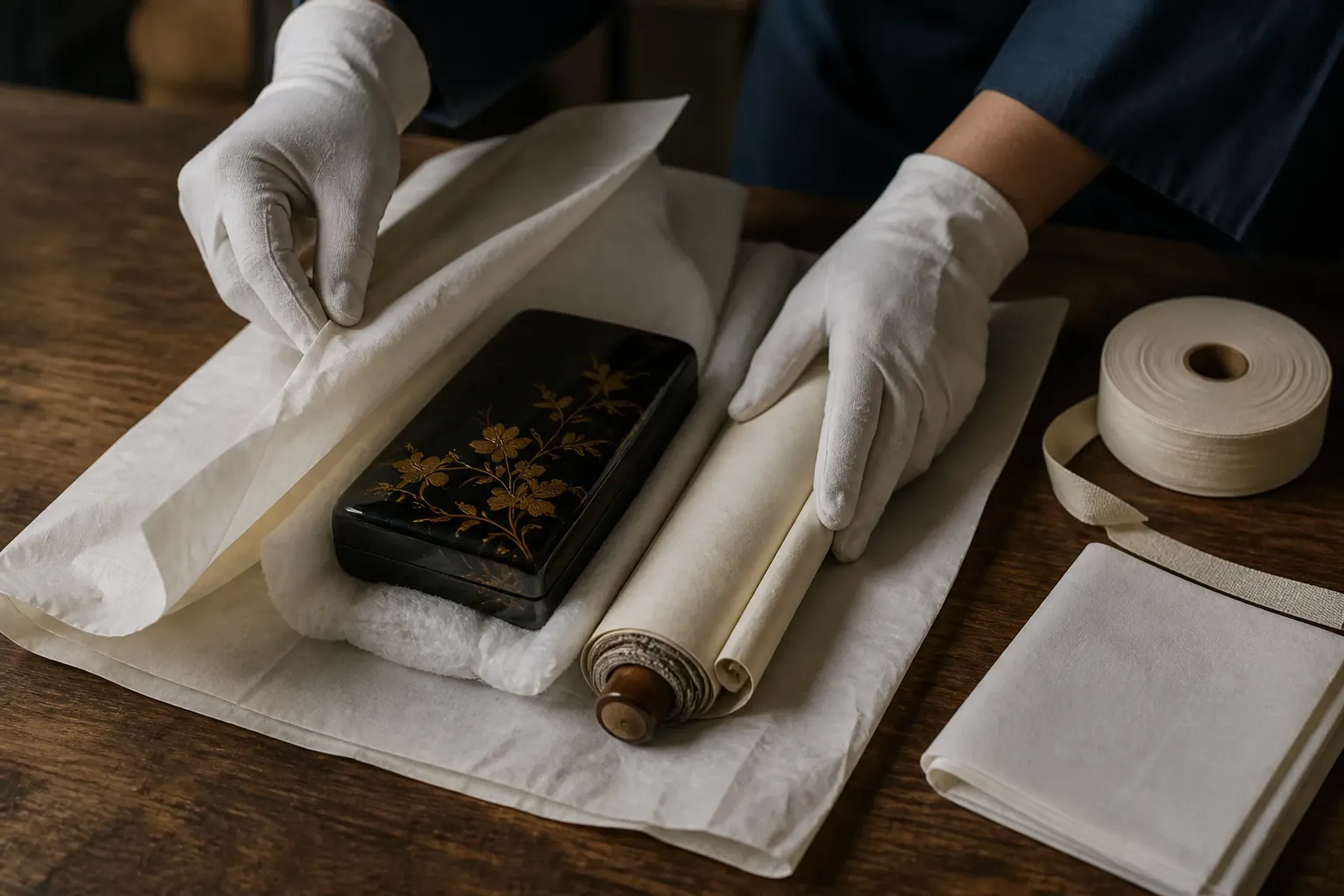 Antique Japanese lacquerware and a scroll being carefully packed in protective materials for shipping