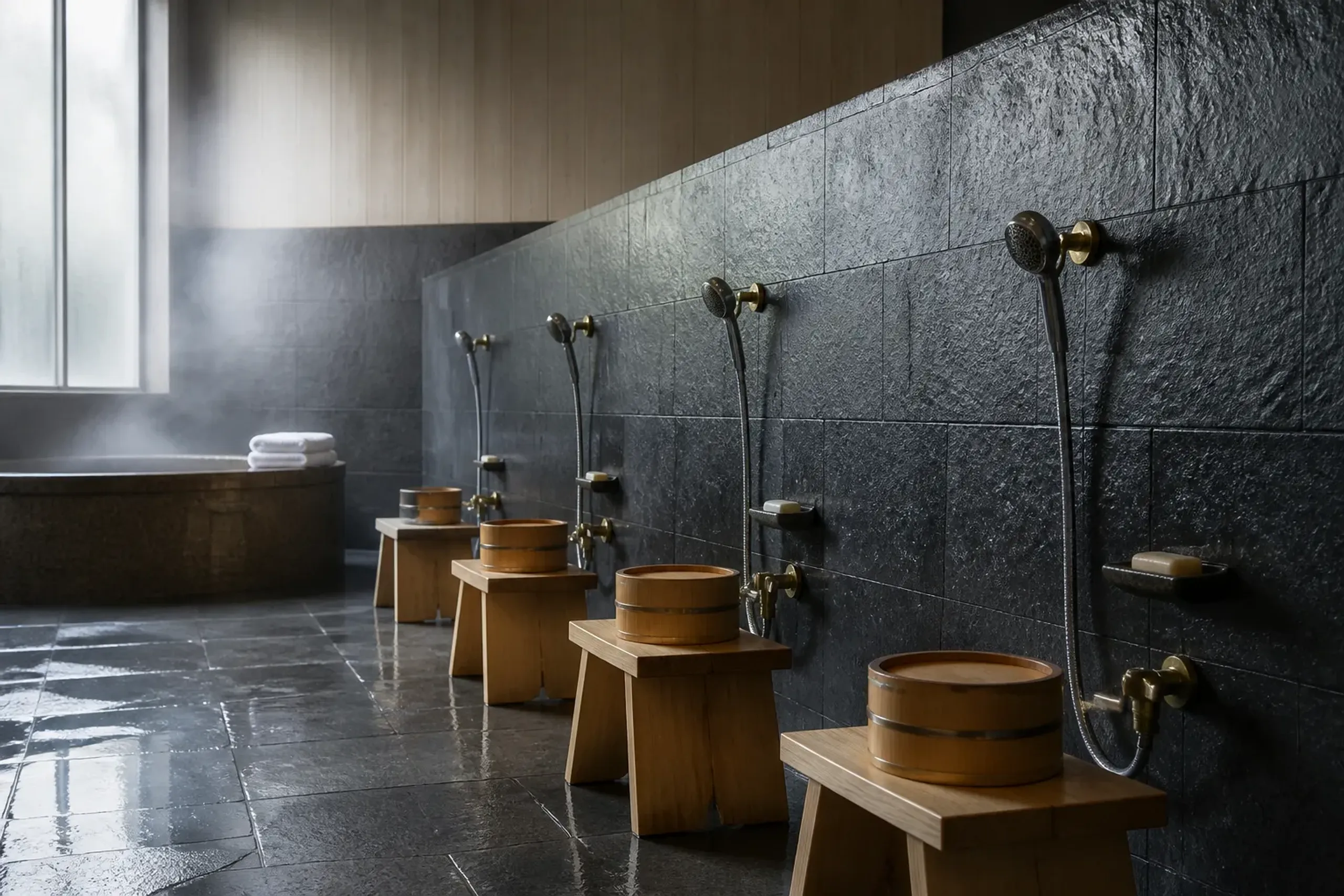 Seated onsen washing stations with stools and handheld showers before entering the bath