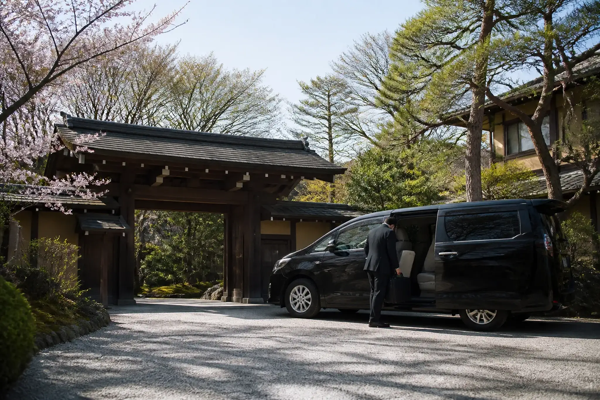 Luxury private minivan arriving at a ryokan entrance in winter near Tokyo