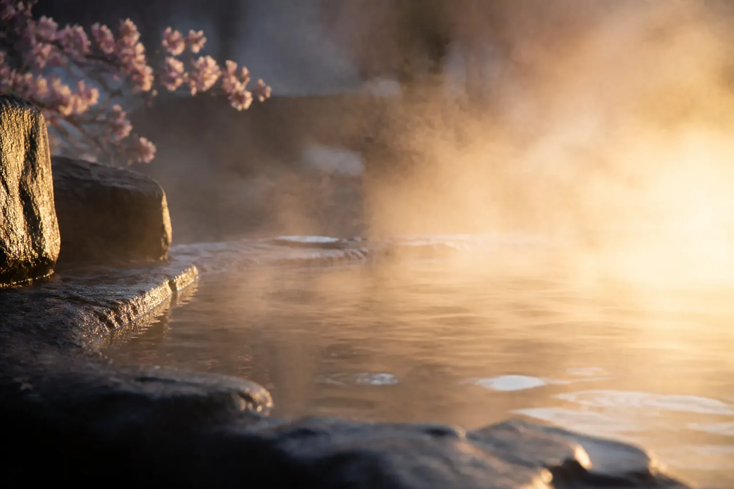a steaming outdoor rotenburo bath edged with dark volcanic stone in the Kanto onsen country, empty at dawn under low dry winter light, steam rising thick enough to obscure the far edge of the water
