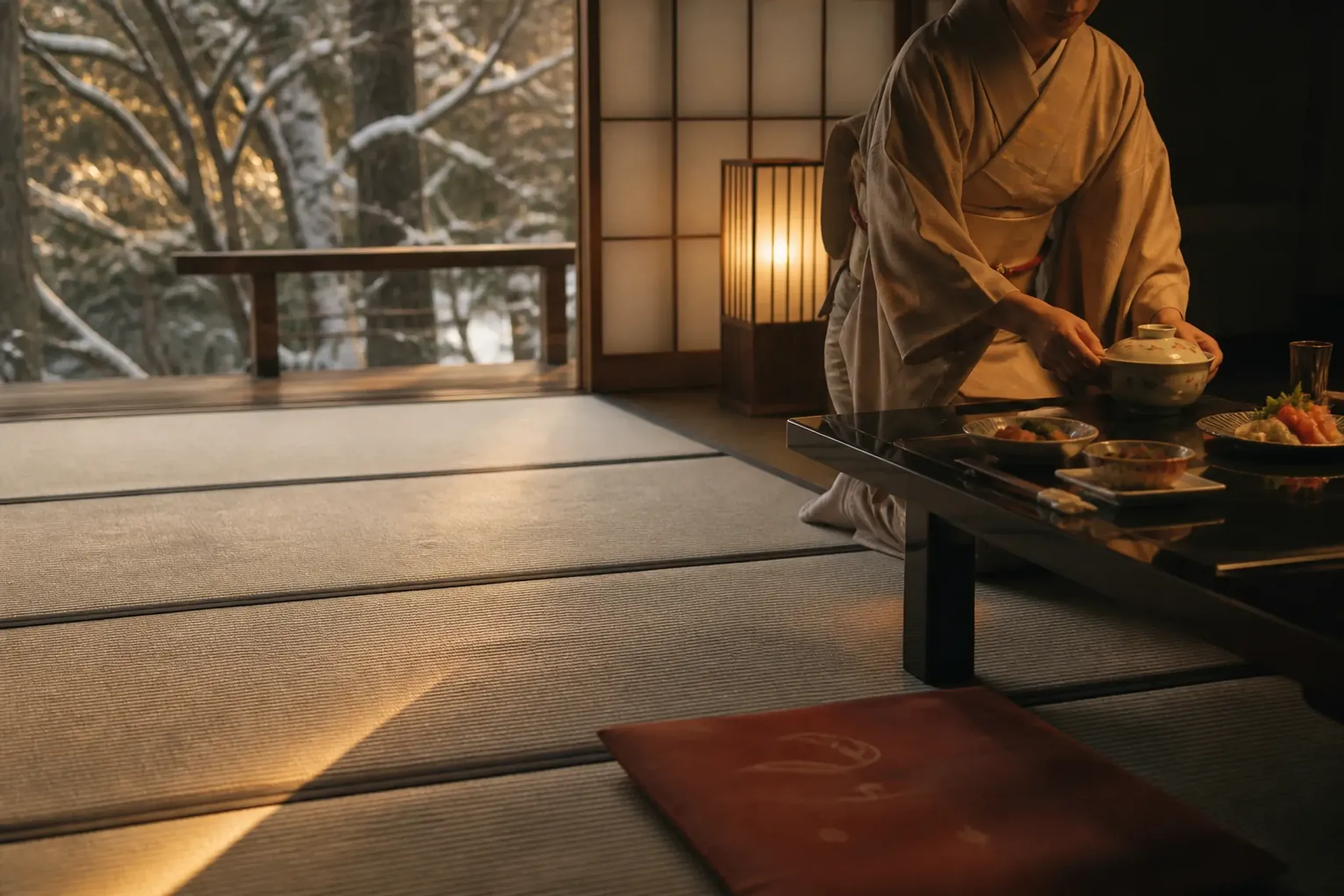 Kaiseki dinner served in a tatami ryokan room by staff in kimono