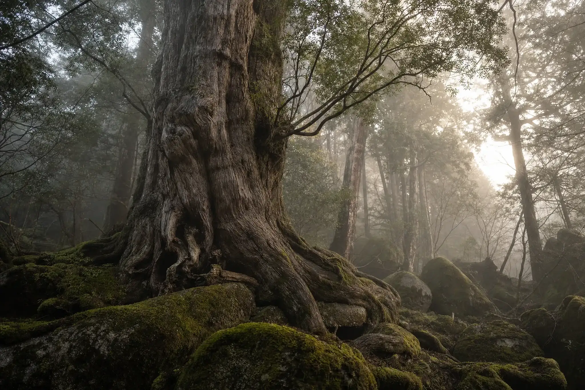 Ancient moss-covered cedar tree gripping granite in the misty forest of Yakushima