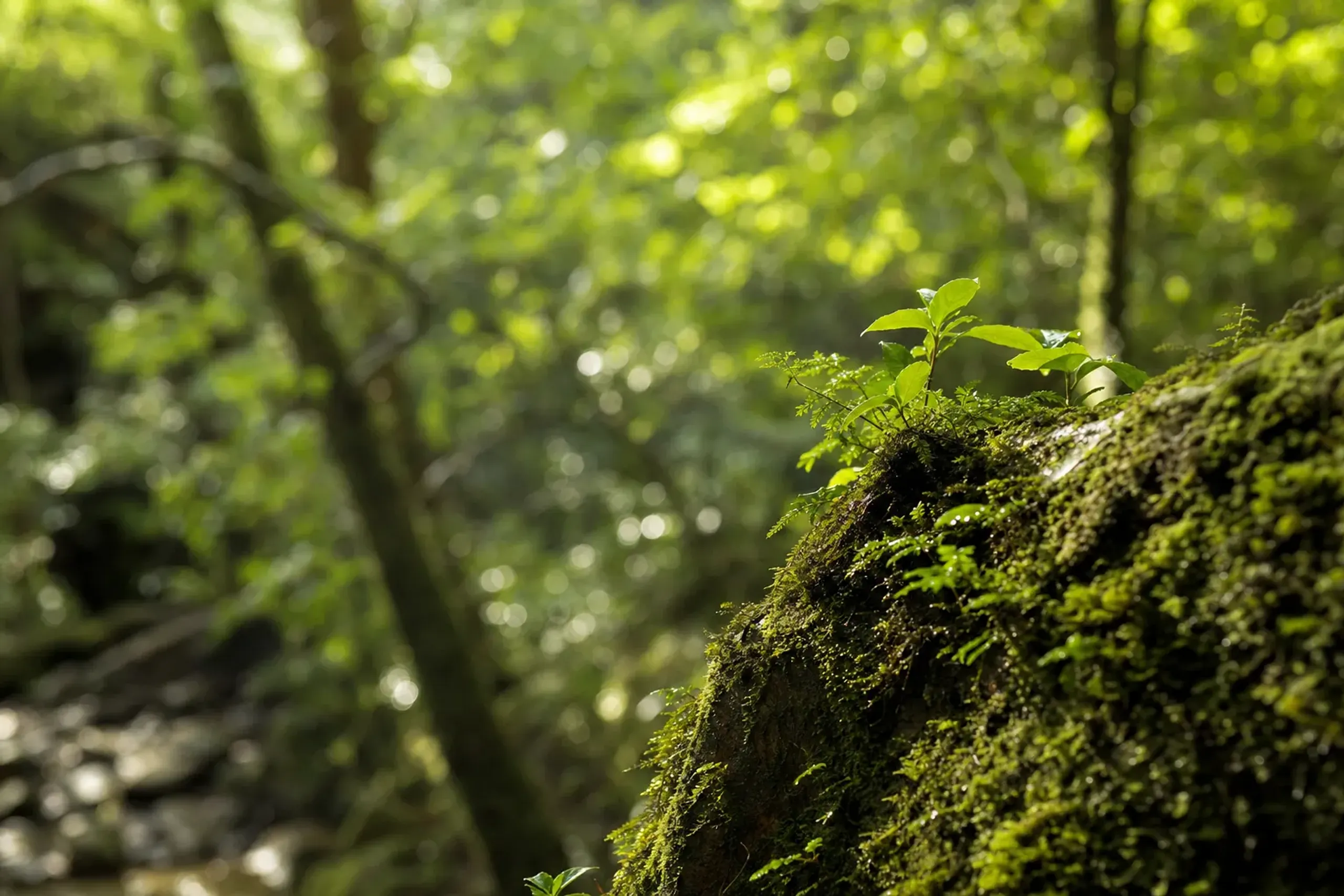 Forested interior mountains of Yakushima under clear autumn sky with layered green ridges