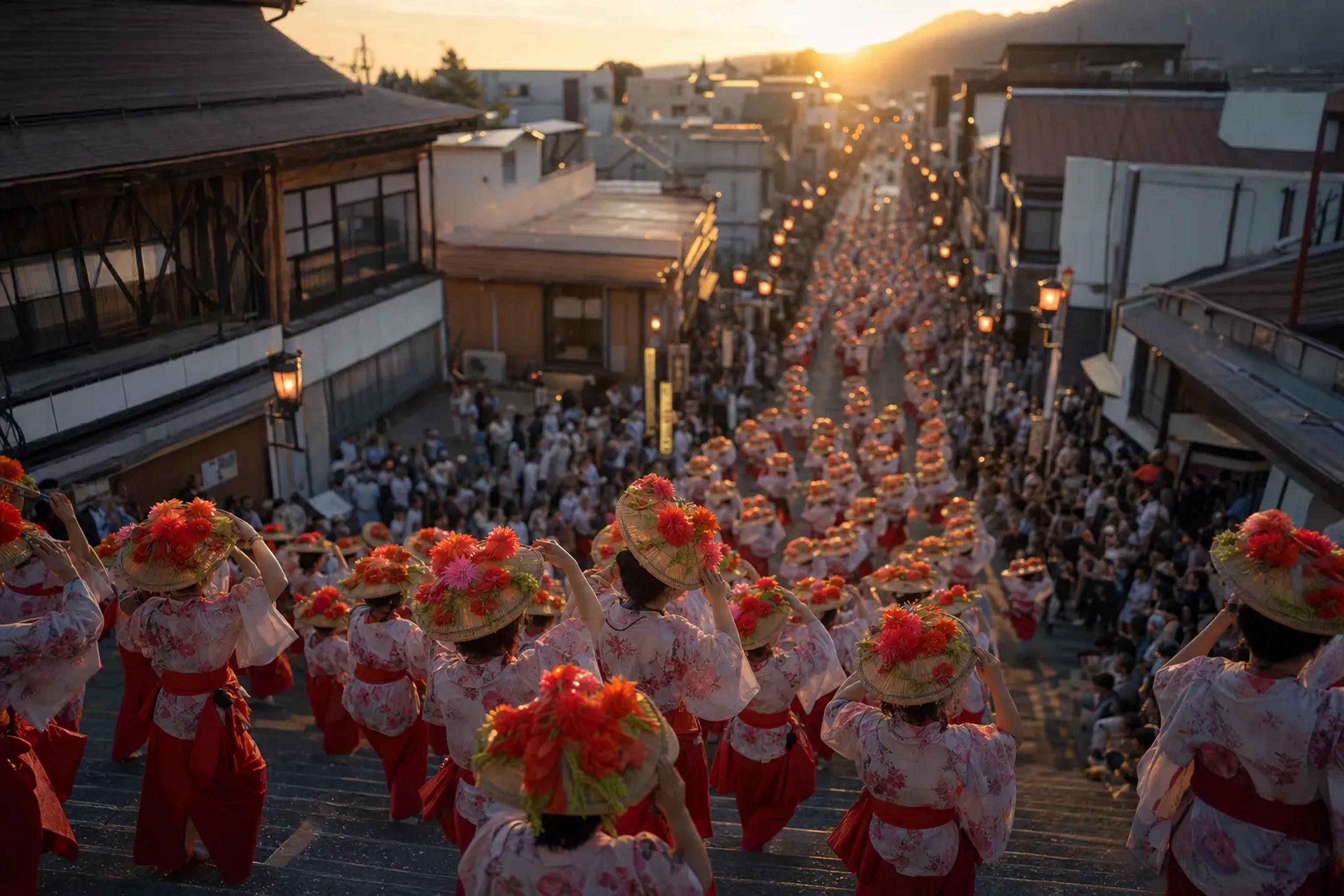 The parade runs along Yamagata's main street corridor, descr
