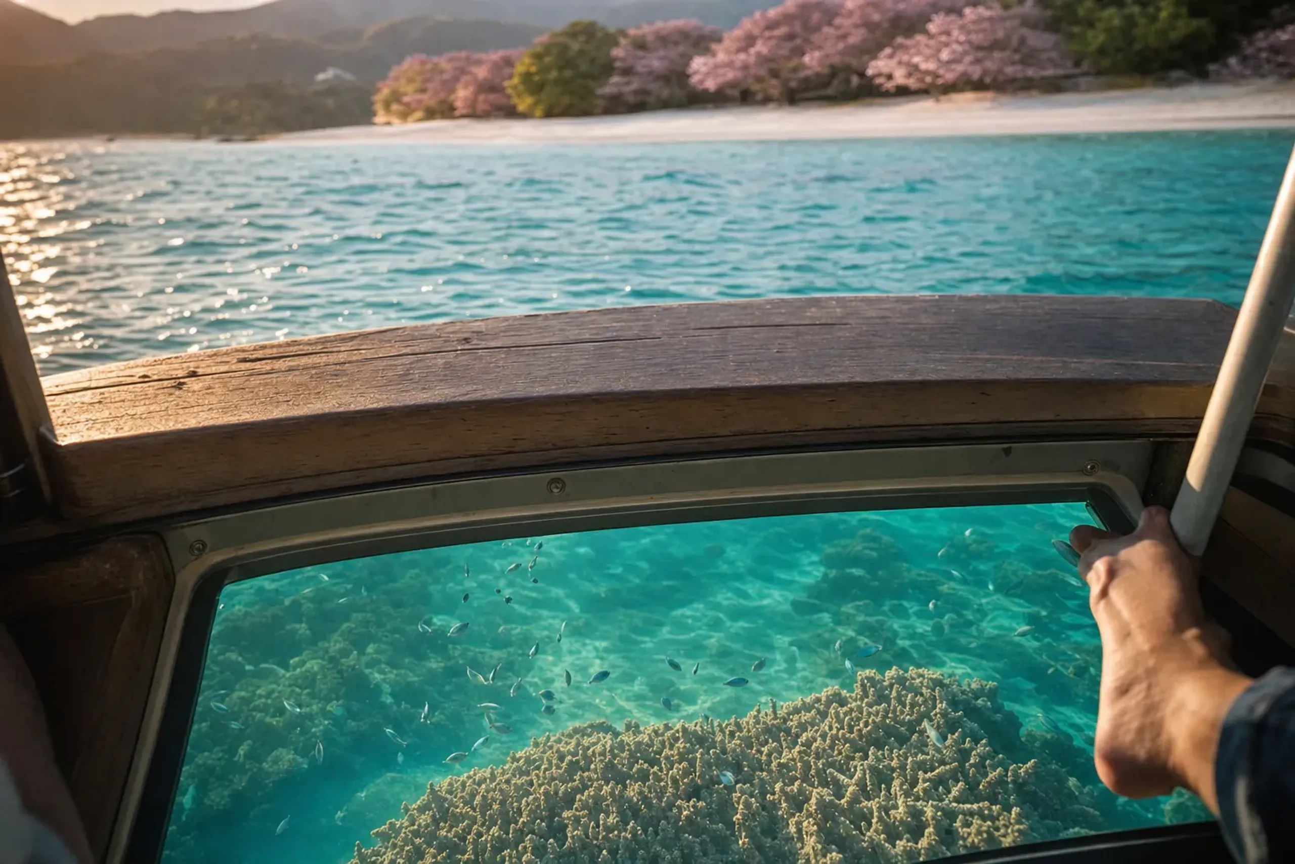 a glass-bottom boat crossing the turquoise water off Ōganeku Beach, coral gardens and silver fish visible through the glass floor