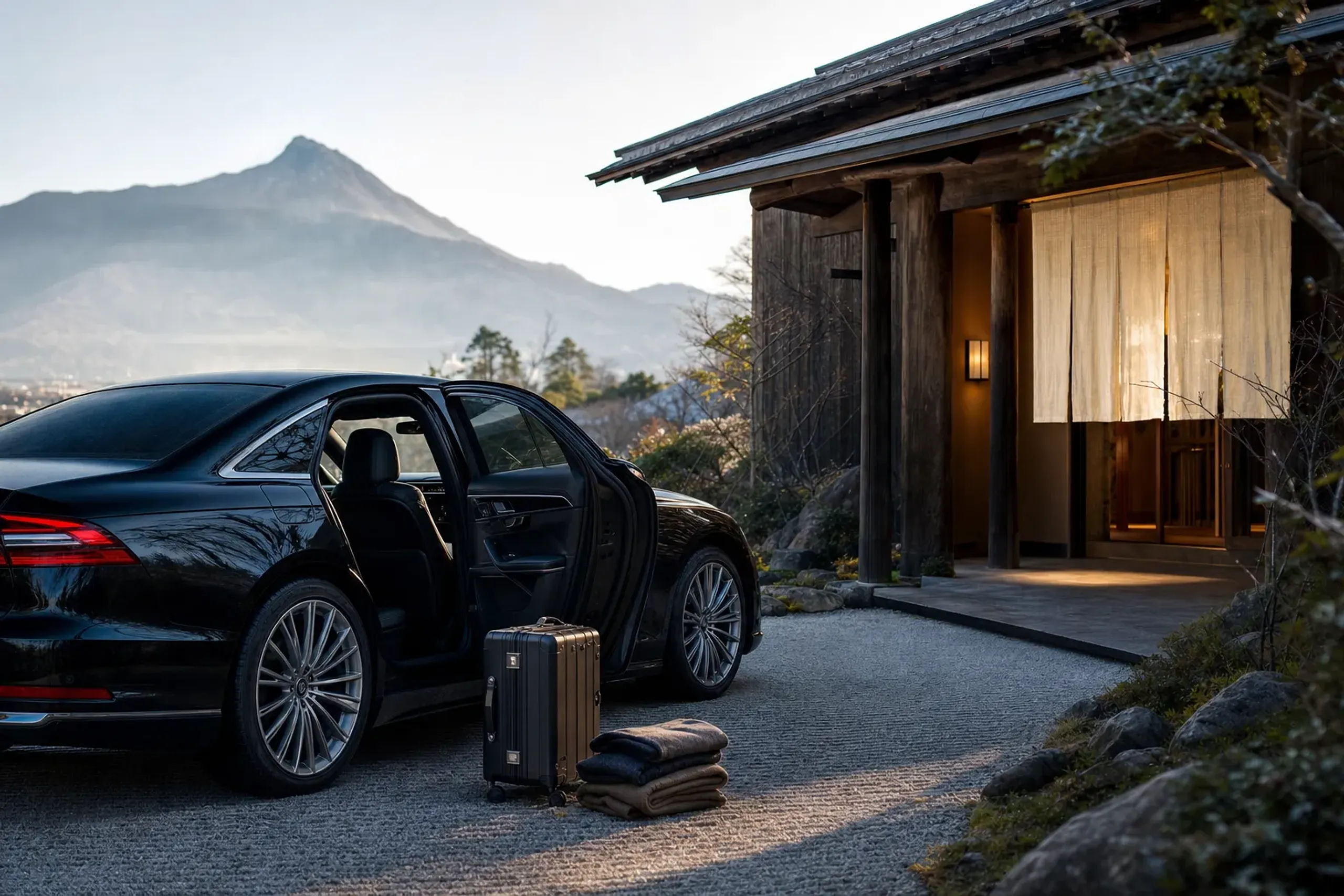 A polished private sedan parked at a boutique ryokan entrance in Yufuin, luggage and winter coats visible, mountain basin setting behind