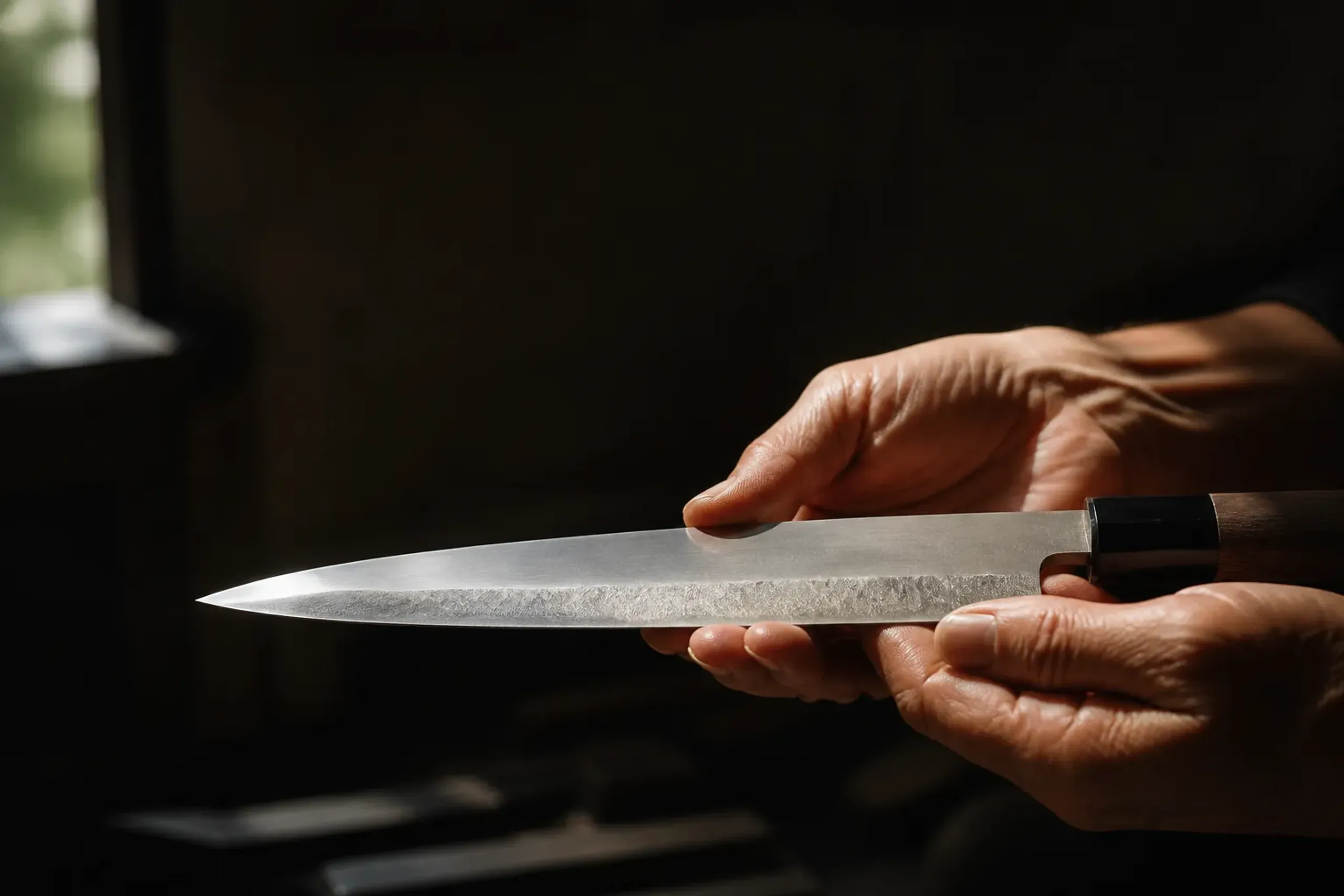 the polished hands of a Tokyo bladesmith shokunin holding a freshly forged Japanese knife, showing fine tool marks along the steel edge in a quiet workshop