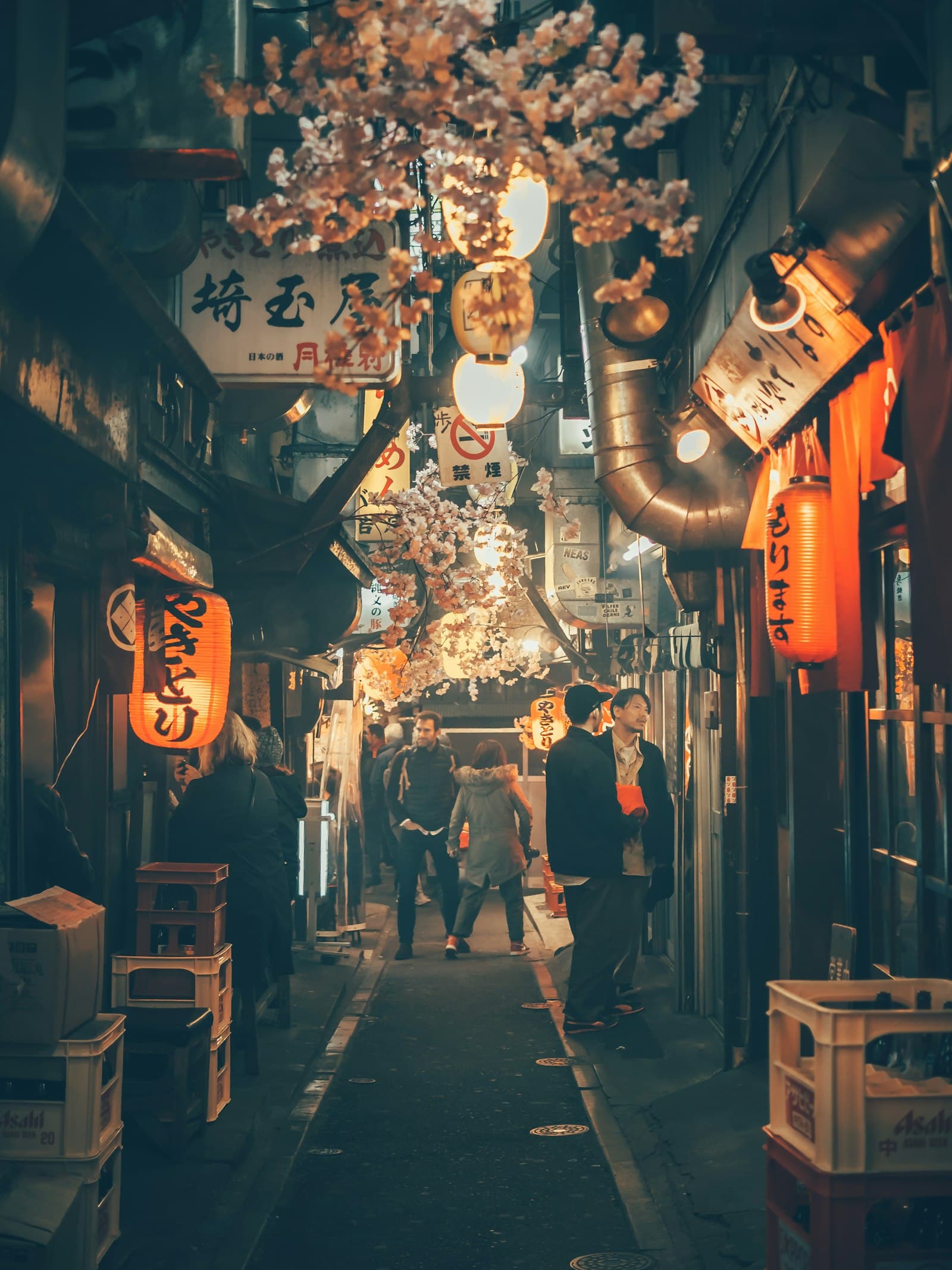 Lantern-lit izakaya alley at night