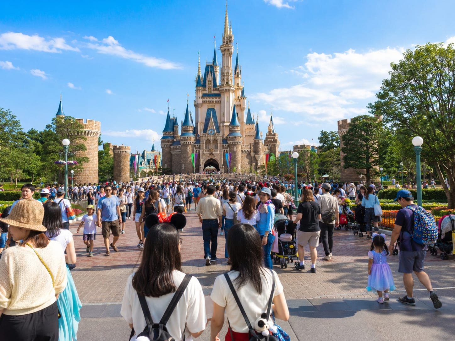 Cinderella Castle at Tokyo Disneyland under a bright sky, guests filling the plaza toward it
