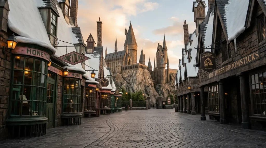 Universal Studios Japan's themed streets, lit and empty after closing