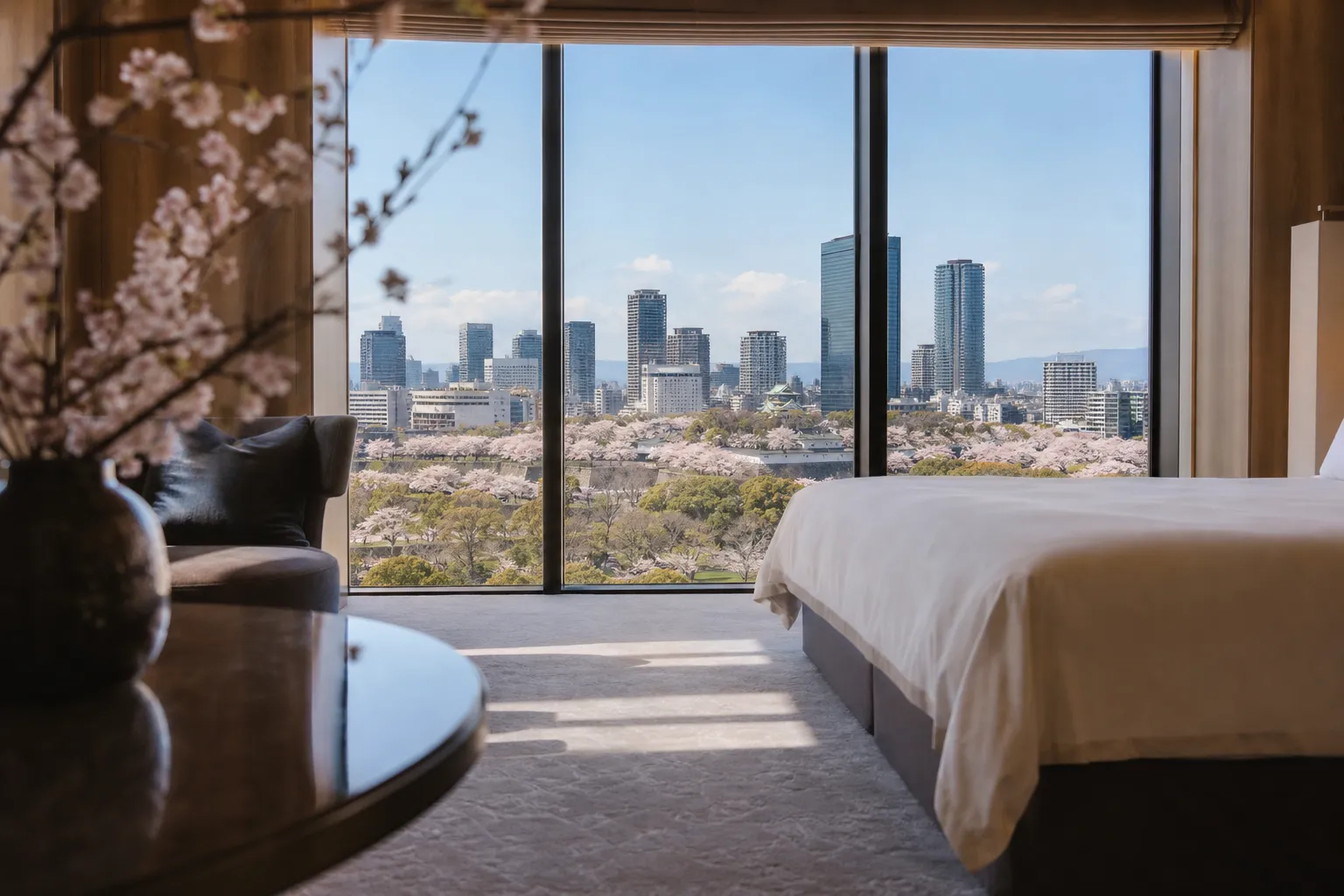 A minimalist high-floor luxury hotel suite in Osaka overlooking the city skyline at dusk