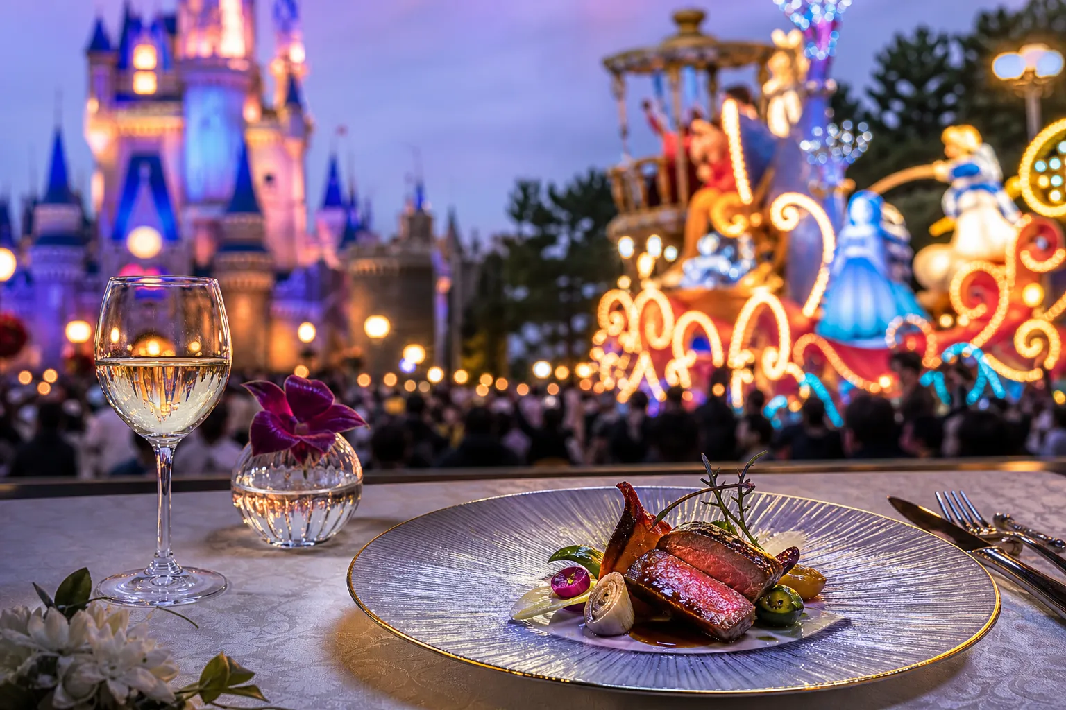 Seasonal plated dish with wine pairing at a Tokyo DisneySea hotel restaurant