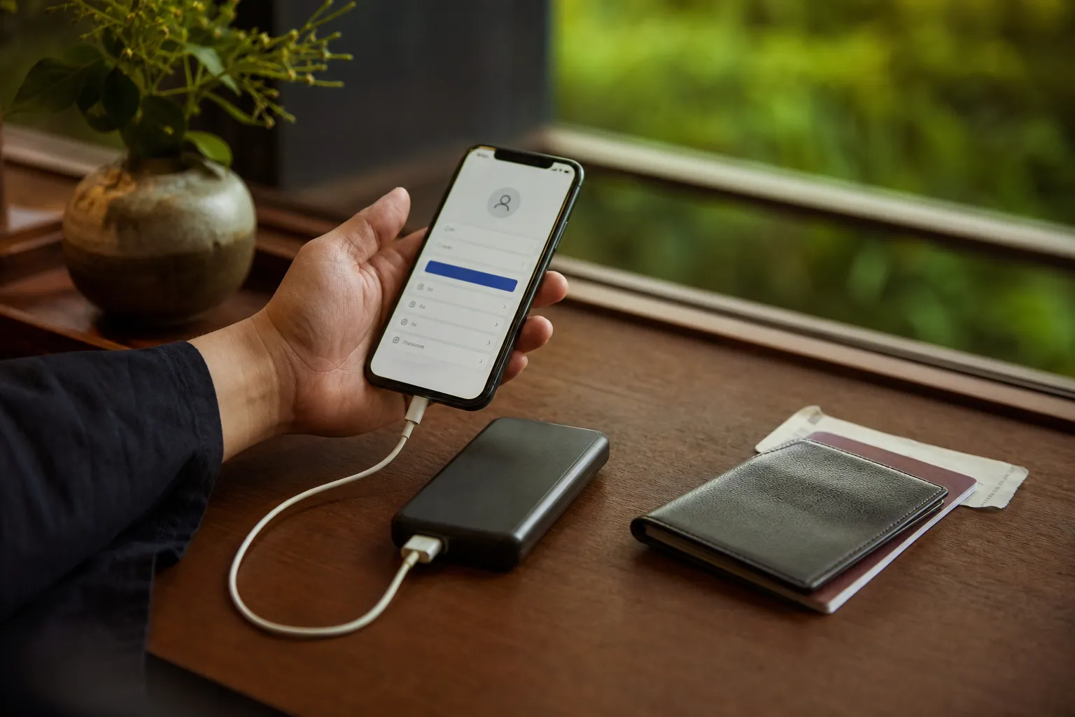 Smartphone charging next to a power bank on a hotel desk at night before a Tokyo Disney day