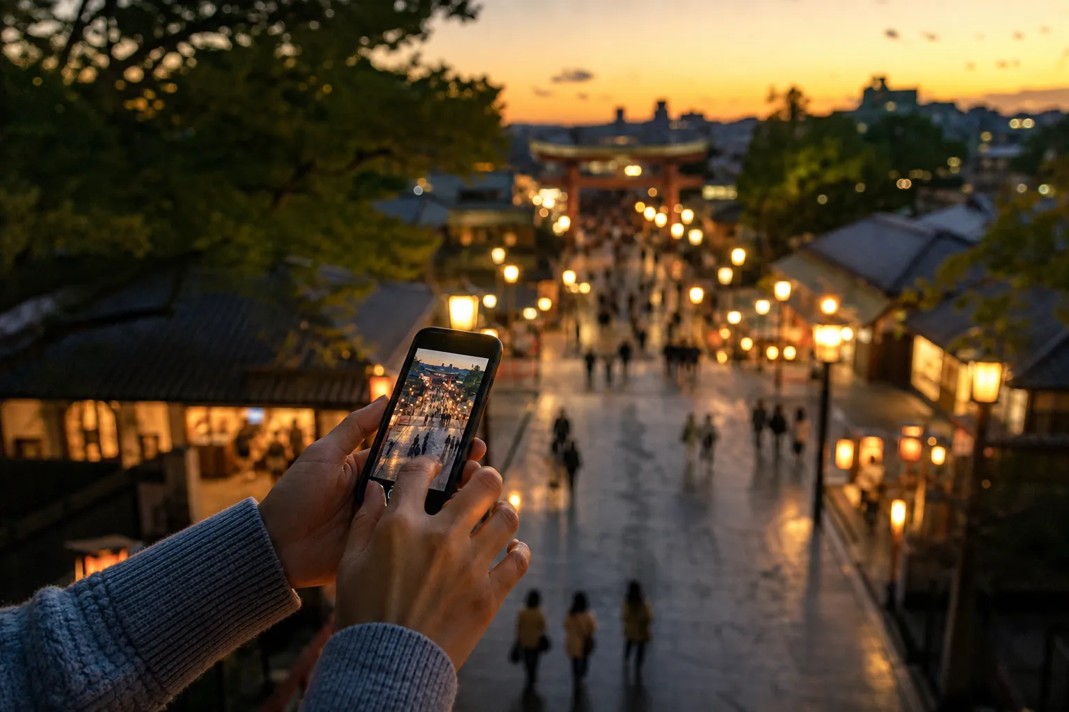 Guest using a smartphone just after entering a theme park in the morning