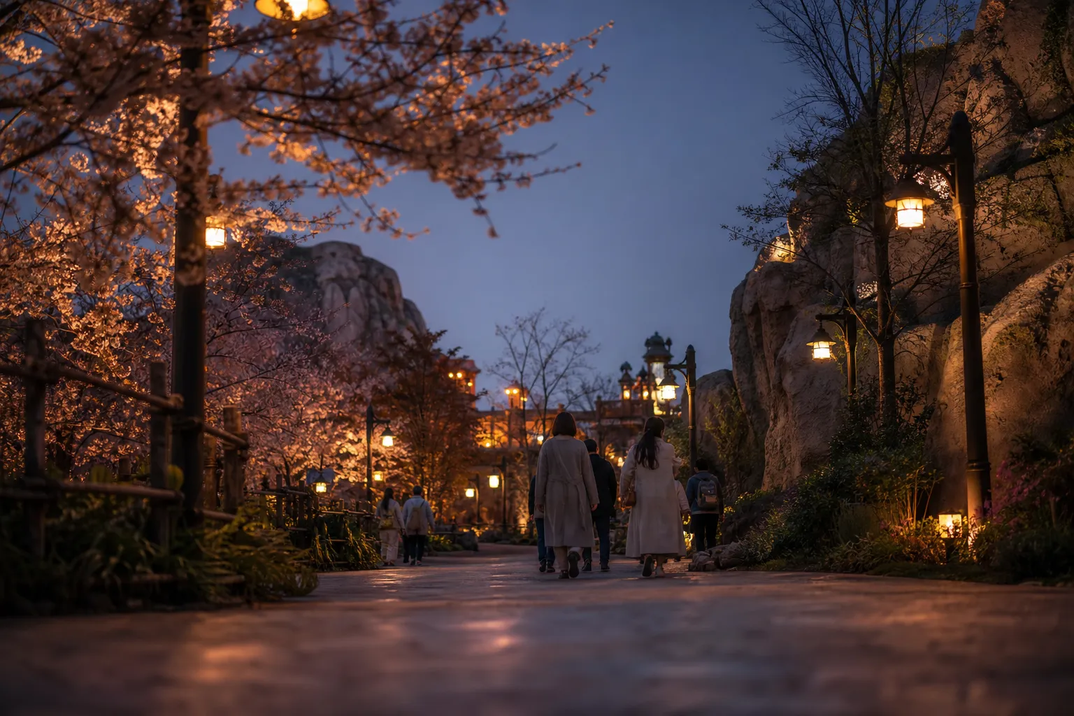 Wide view of Fantasy Springs themed area at Tokyo DisneySea in Urayasu, Chiba