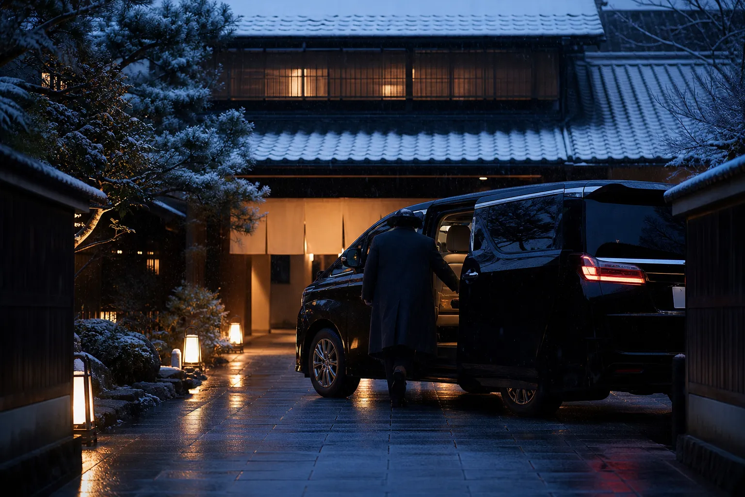 Chauffeured private minivan transfer in Tokyo at night with soft interior light