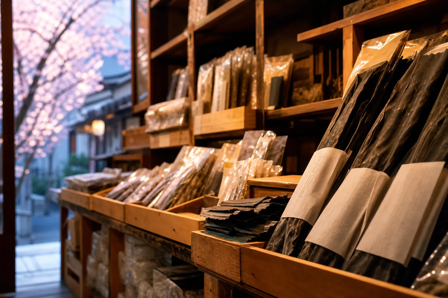 Packaged kombu products displayed on wooden shelves in a Kyoto shop