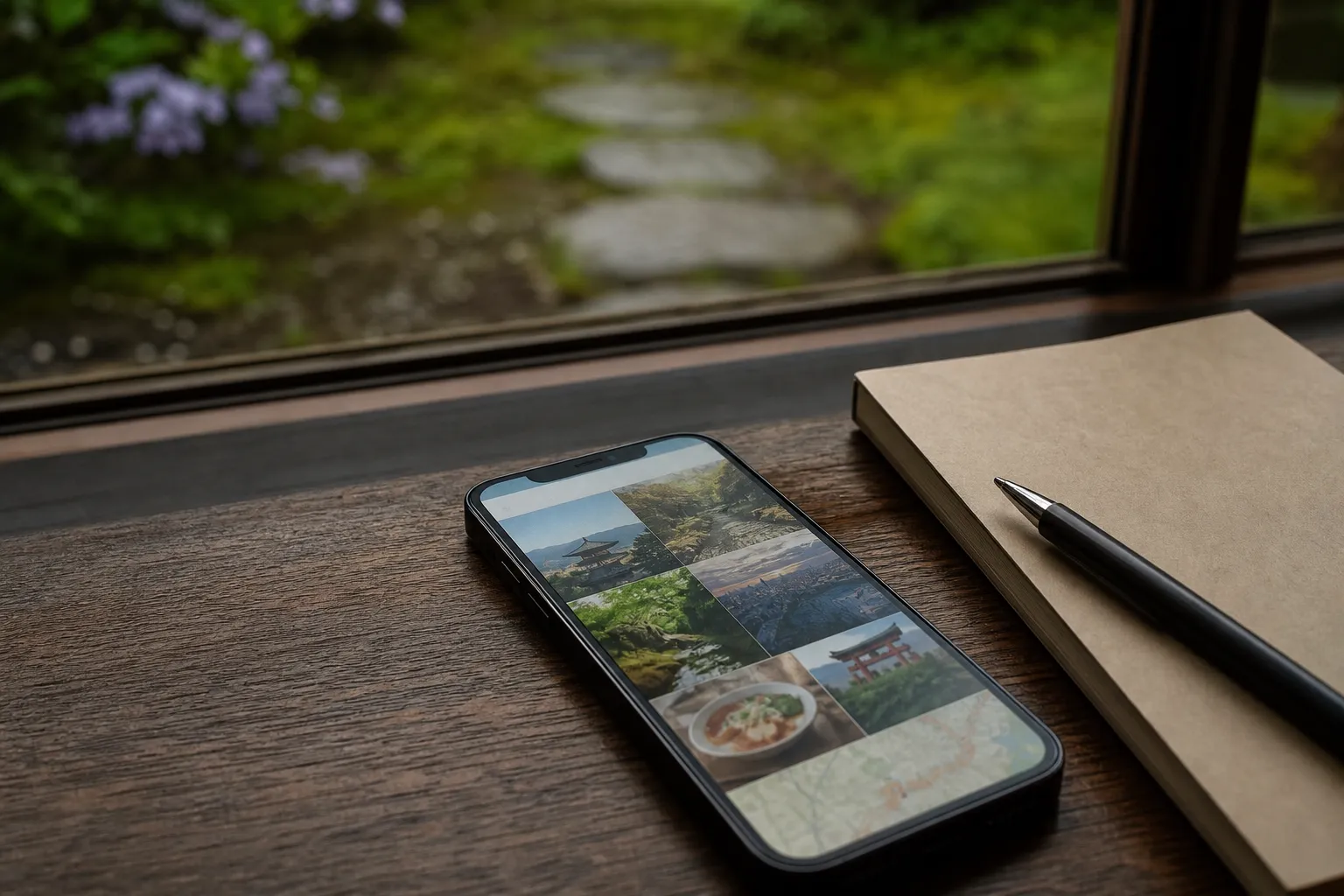 A traveler planning a Kyoto lunch reservation with a phone and notebook