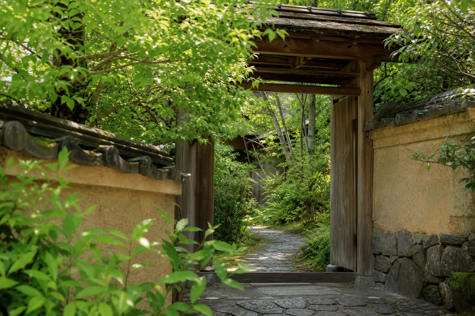 A wooden gate and narrow path leading into a quiet garden area in Kyoto