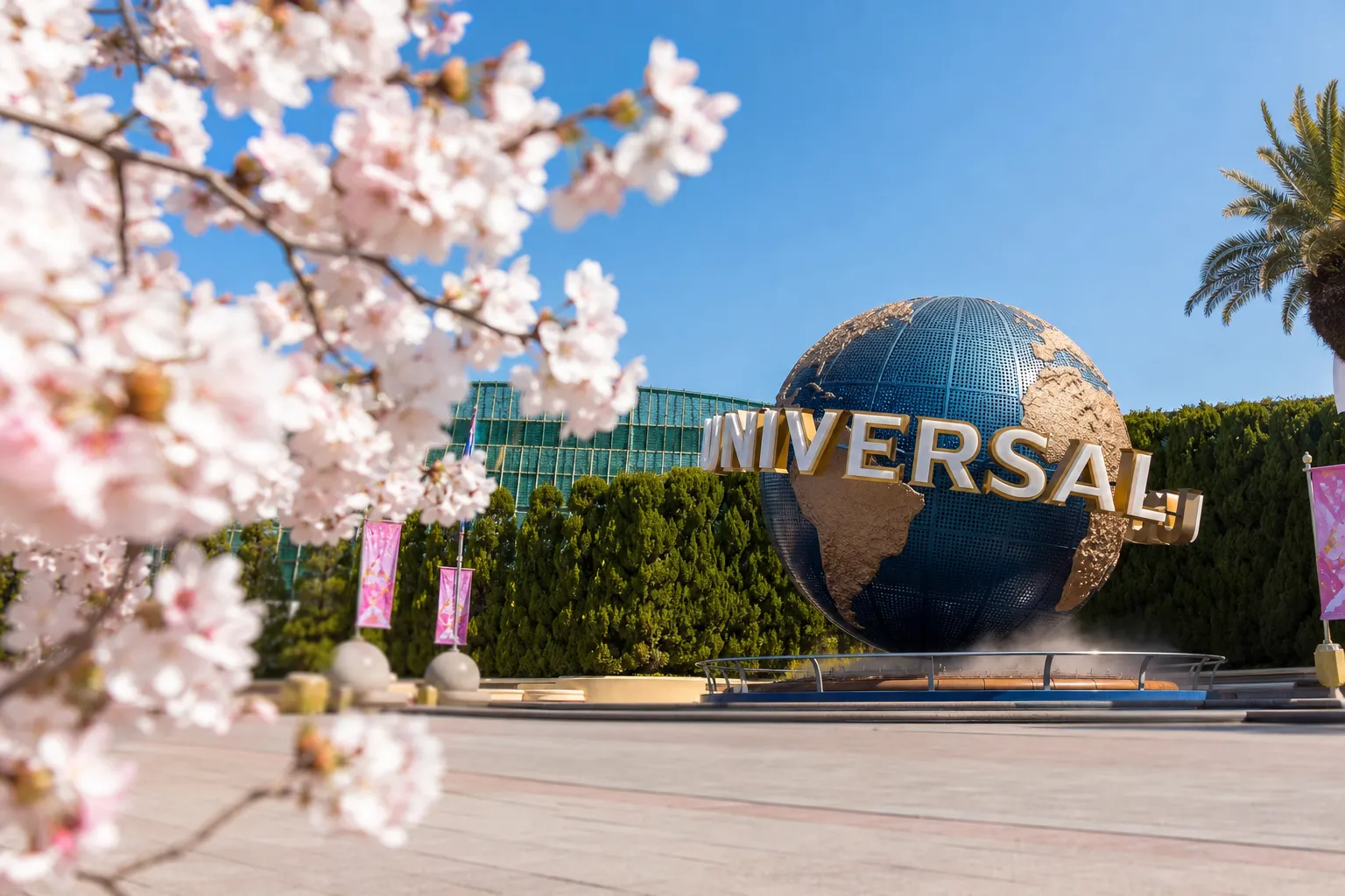 Universal Studios Japan entrance globe at dusk during the 25th anniversary celebration