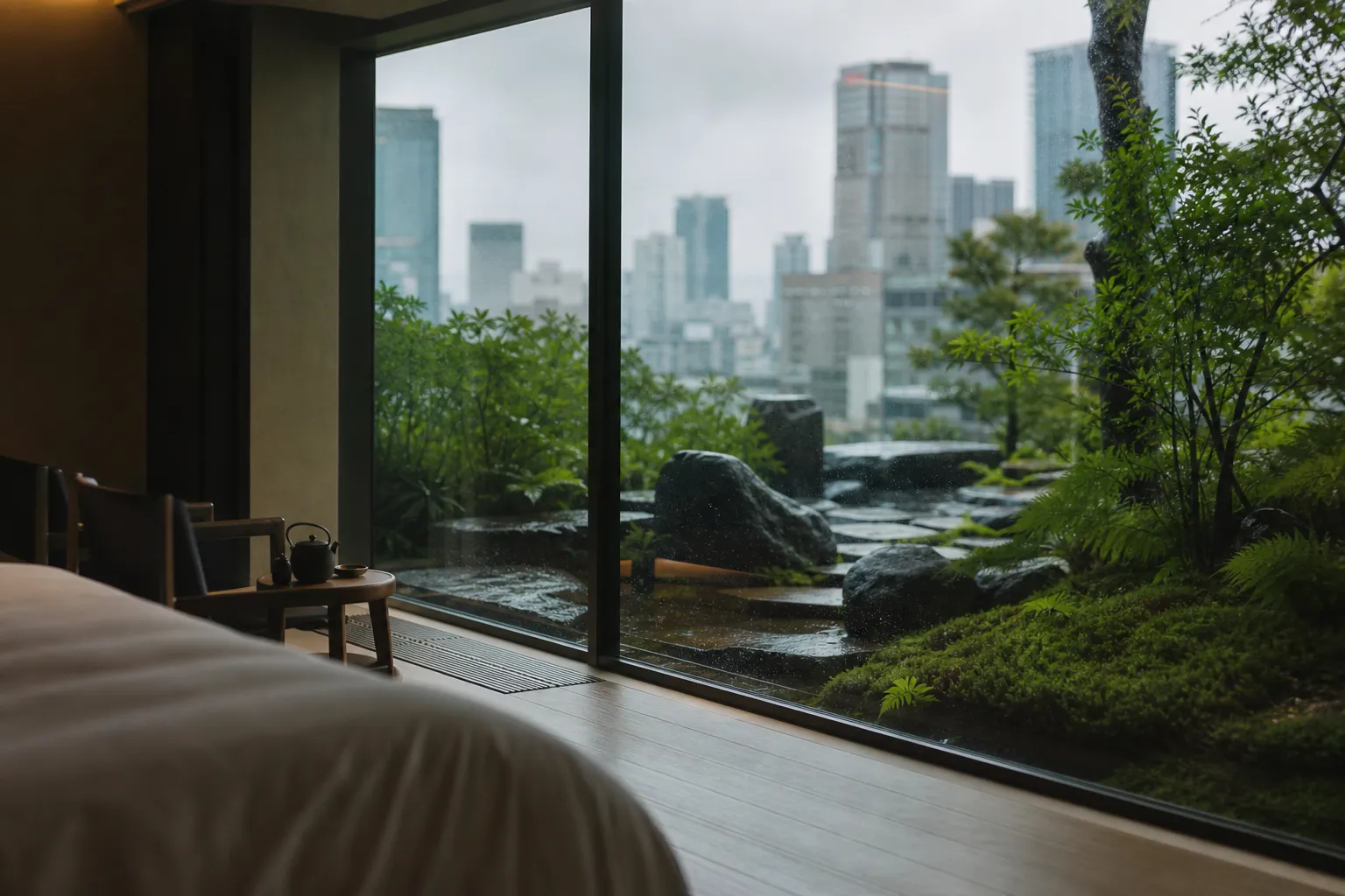 High-floor Osaka hotel suite with skyline view for a midday reset