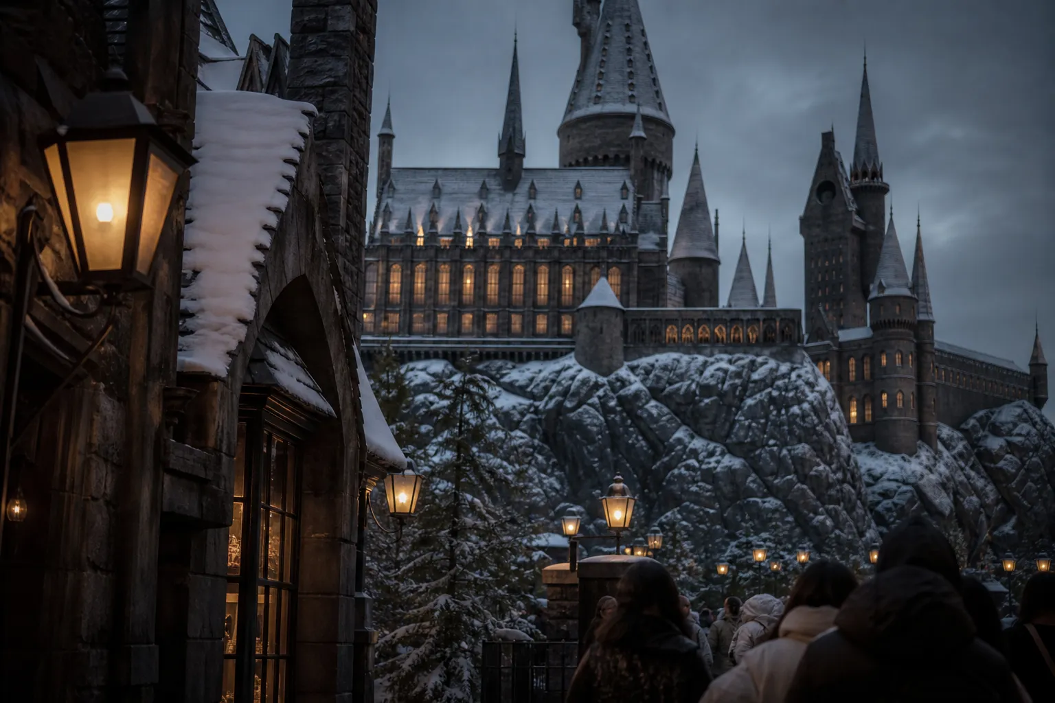 Hogwarts Castle lit up at night in The Wizarding World of Harry Potter at Universal Studios Japan