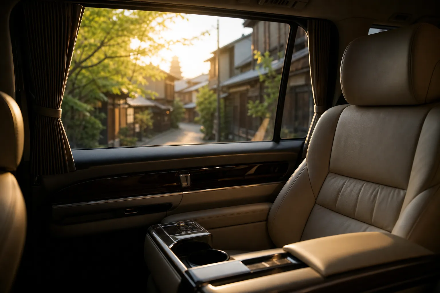 Rear-seat view inside a premium chauffeured minivan at night with soft lighting and city lights outside