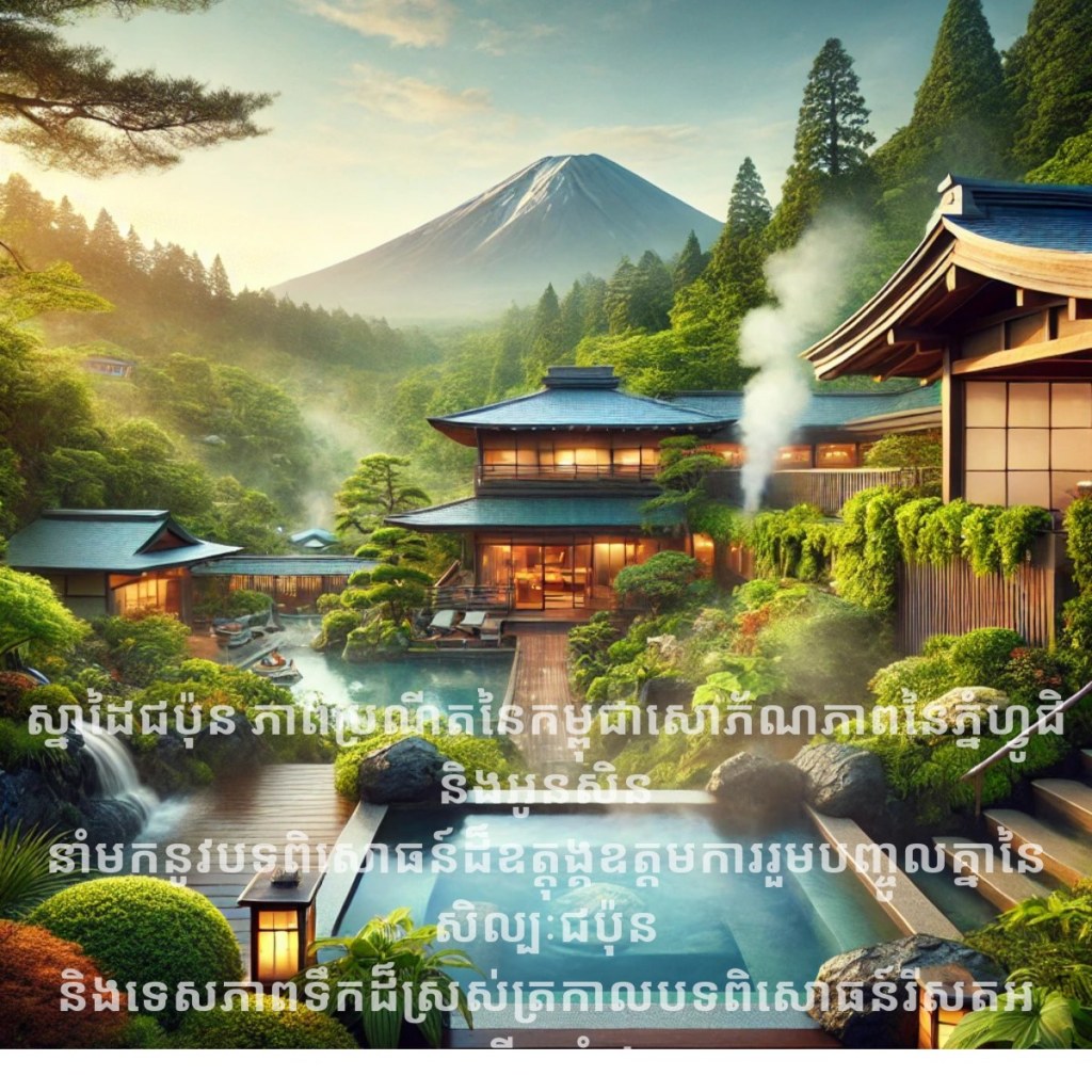ស្នាដៃជប៉ុន ភាពប្រណីតនៃកម្ពុជា សោភ័ណភាពនៃភ្នំហ្វូជិ និងអូនសិន នាំមកនូវបទពិសោធន៍ដ៏ឧត្តុង្គឧត្តម ការរួមបញ្ចូលគ្នានៃសិល្បៈជប៉ុន និងទេសភាពទឹកដ៏ស្រស់ត្រកាល បទពិសោធន៍រីសតអប្រណីតបំផុត カンボジア語 の箱根温泉のアイキャッチ画像富士と旅館温泉があるイラスト Japan Royal Service の画像