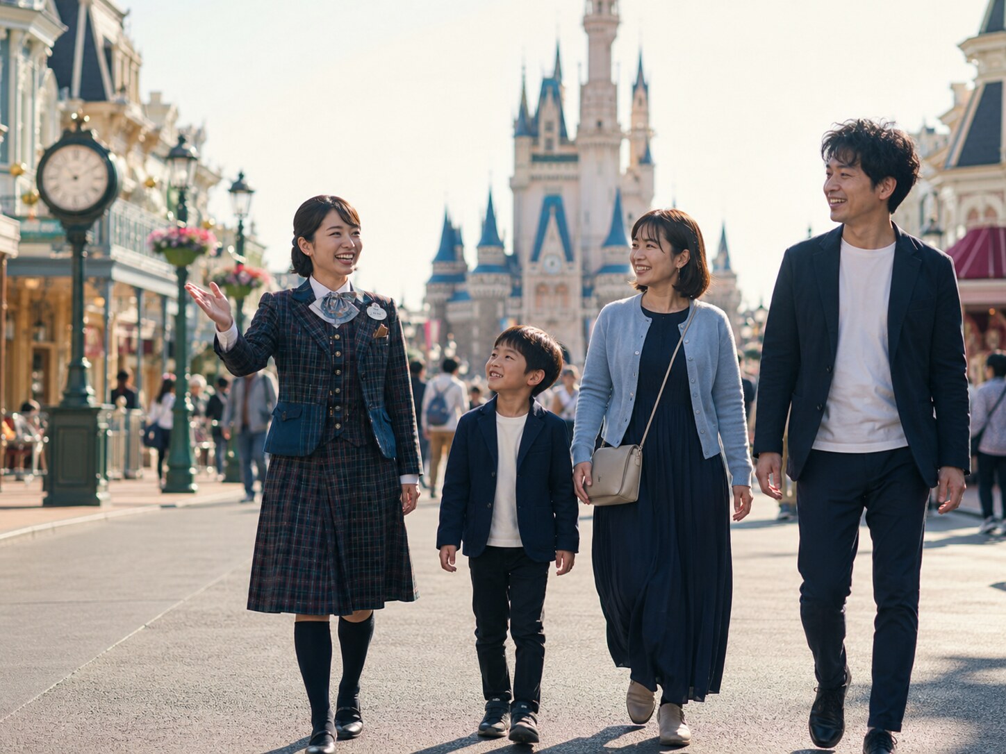 A cheerful Disney VIP Tour Guide wearing the traditional plaid uniform, walking a happy family down Main Street towards the castle. The scene should feel exclusive, seamless, and joyful.