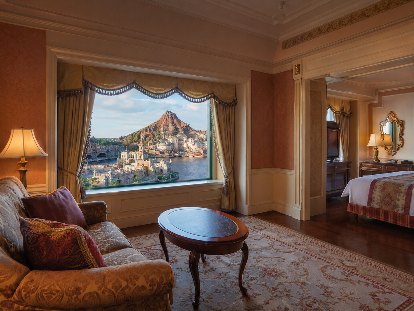 A luxurious suite room at Tokyo DisneySea Hotel MiraCosta with elegant furnishings and a harbor view.