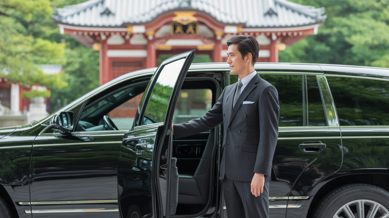 Ultimate Expression, Sophisticated Travel, professional chauffeur, English-speaking, immaculate suit, standing beside luxury SUV, respectfully opening door, Japanese temple gate background, five-star service, welcoming gesture