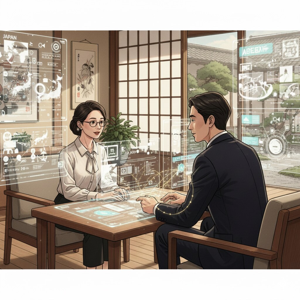 A highly refined and sophisticated illustration, capturing the essence of personalized luxury travel planning. The scene features two individuals – one, a discerning client exuding intellectual curiosity, and the other, a Japan Royal Service representative, attentive and knowledgeable – engaged in a deep, meaningful dialogue. They are seated comfortably in an elegant, private setting, such as a luxurious, minimalist lounge with subtle Japanese aesthetic touches (e.g., Shoji screens, a serene garden view through a window, or exquisite traditional artwork). The overall atmosphere should convey a sense of thoughtful collaboration and meticulous planning, highlighting the 'true personalization' that goes beyond common custom tours. Subtle, ethereal glowing lines or abstract interconnected symbols could emanate gently around them or from a table, subtly representing the 'unparalleled network' being leveraged to transform their ideas into reality. The lighting should be soft, warm, and inviting, emphasizing the trust and intimate nature of the consultation. The illustration should embody the philosophy of Japan Royal Service as the most luxurious travel agency, where every detail is crafted to the client's unique tastes and values, creating an exclusive and unforgettable experience.