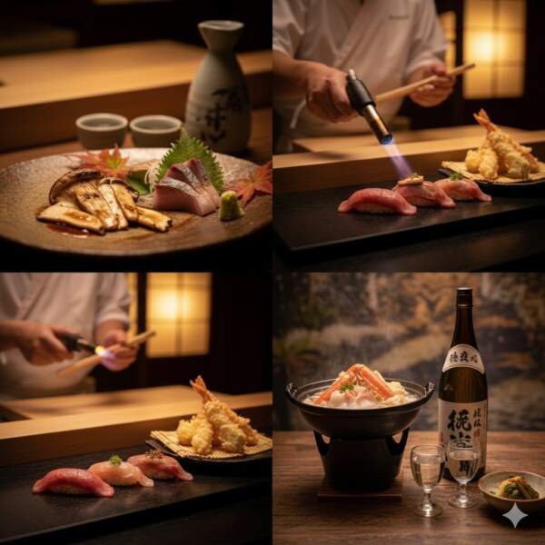 Luxurious dining experiences are a core element of the tour77. We guide you only to carefully selected restaurants offering the highest quality sushi and tempura, artistic Kaiseki cuisine, and world-renowned A5-grade Wagyu beef, all of which have earned Michelin stars78. In Autumn, savor seasonal delicacies such as Matsutake mushrooms and returning Bonito79. In Winter, indulge in premium ingredients like crab and Fugu (pufferfish), expertly paired with Japanese sake80. We meticulously arrange detailed menu adjustments in advance to cater to your health and preferences, ensuring your meals are served in the best possible condition