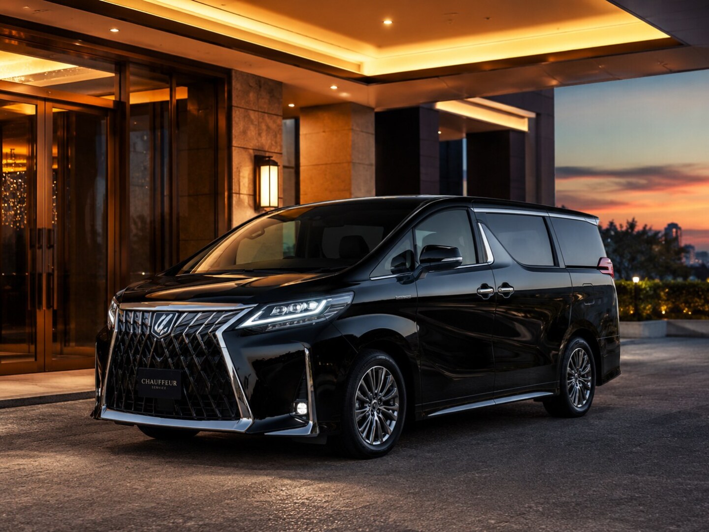 A sleek black luxury van waiting at a premium hotel entrance at dusk, representing private transfer services in Japan.