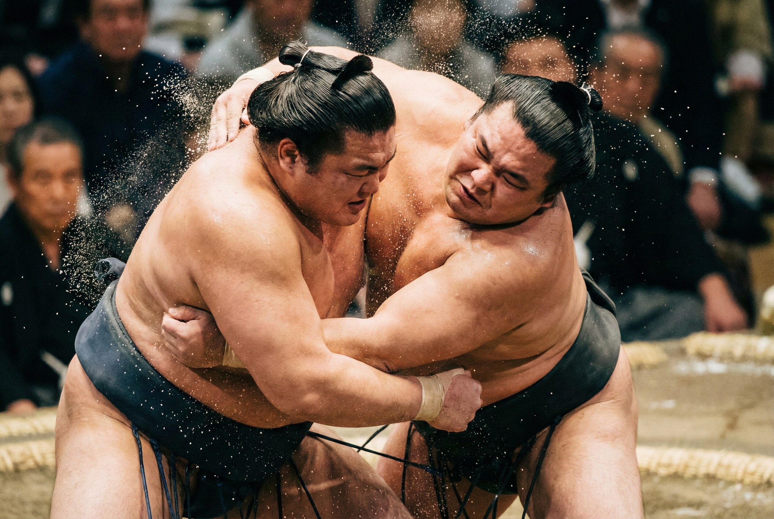 Two Sumo wrestlers colliding during a Grand Sumo Tournament in Tokyo