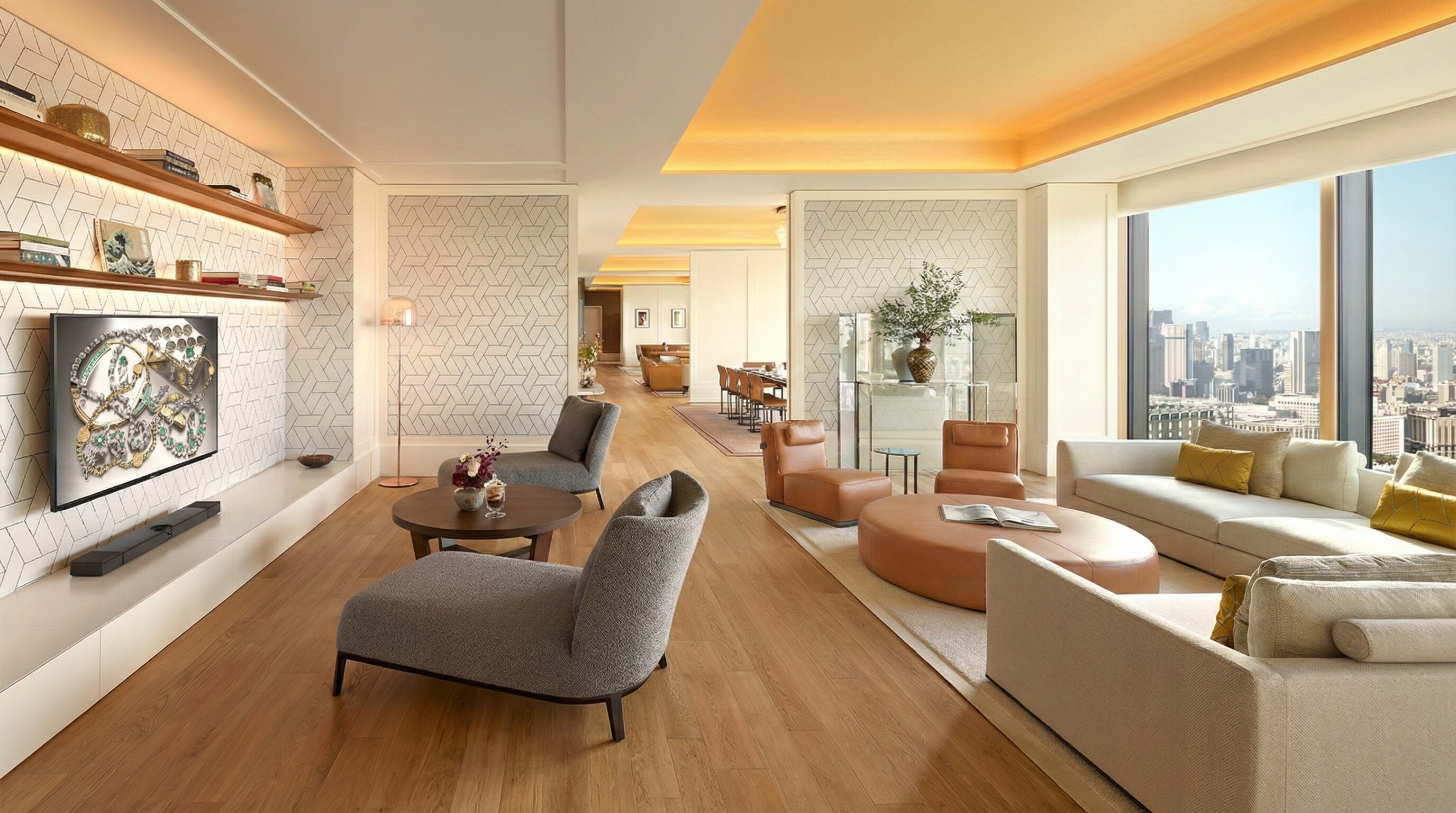 The Bvlgari Suite living room at Bulgari Hotel Tokyo featuring panoramic city views and Italian Luxury design