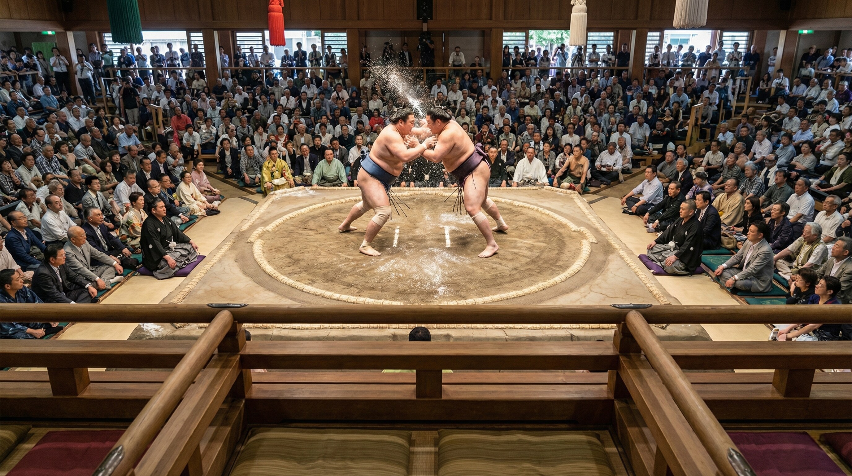 View of the Sumo ring from Premium Box Seats at Ryogoku Kokugikan.
